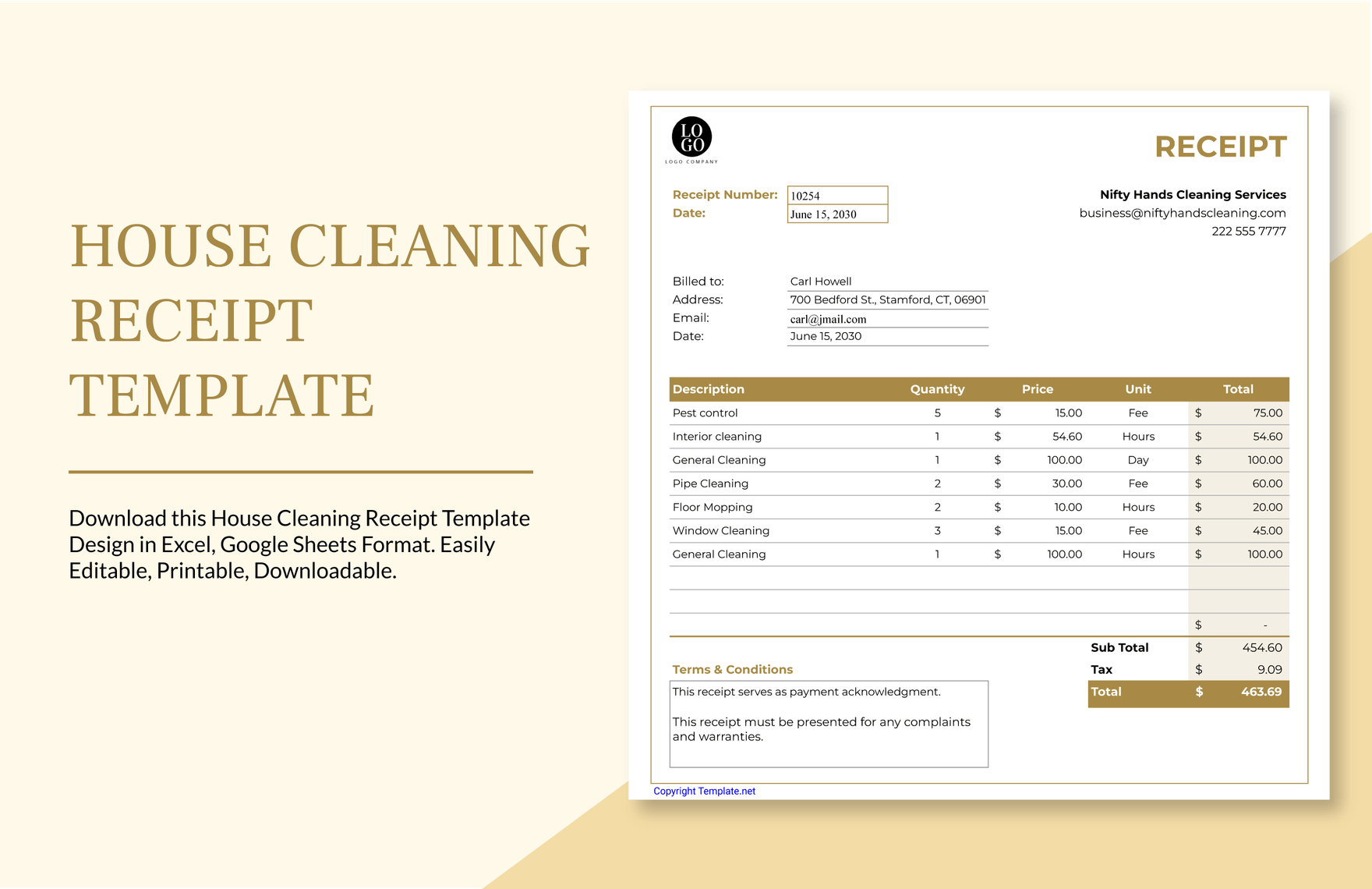 House Cleaning Receipt Template in Word, Google Docs, Excel, Google Sheets, Apple Pages, Apple Numbers