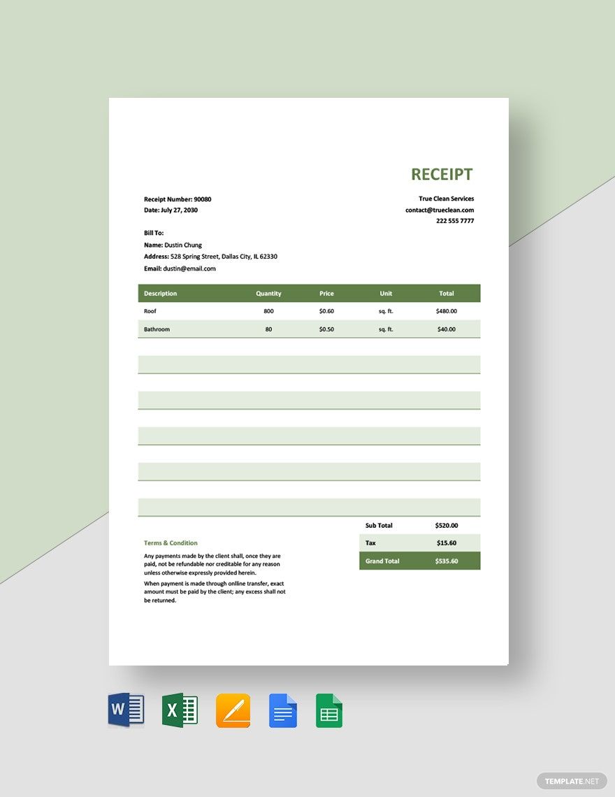 Residential Cleaning Receipt Template in Word, Google Docs, Excel, Google Sheets, Apple Pages, Apple Numbers