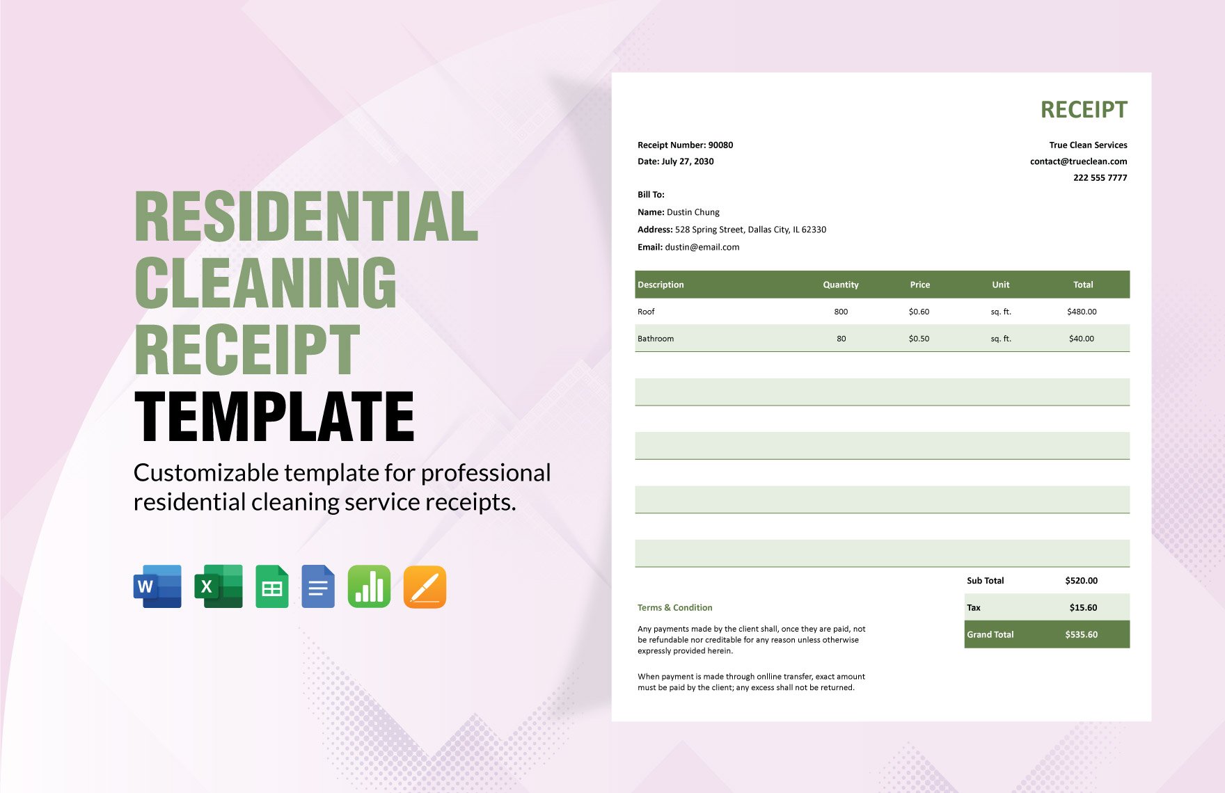 Residential Cleaning Receipt Template in Word, Google Docs, Excel, Google Sheets, Apple Pages, Apple Numbers
