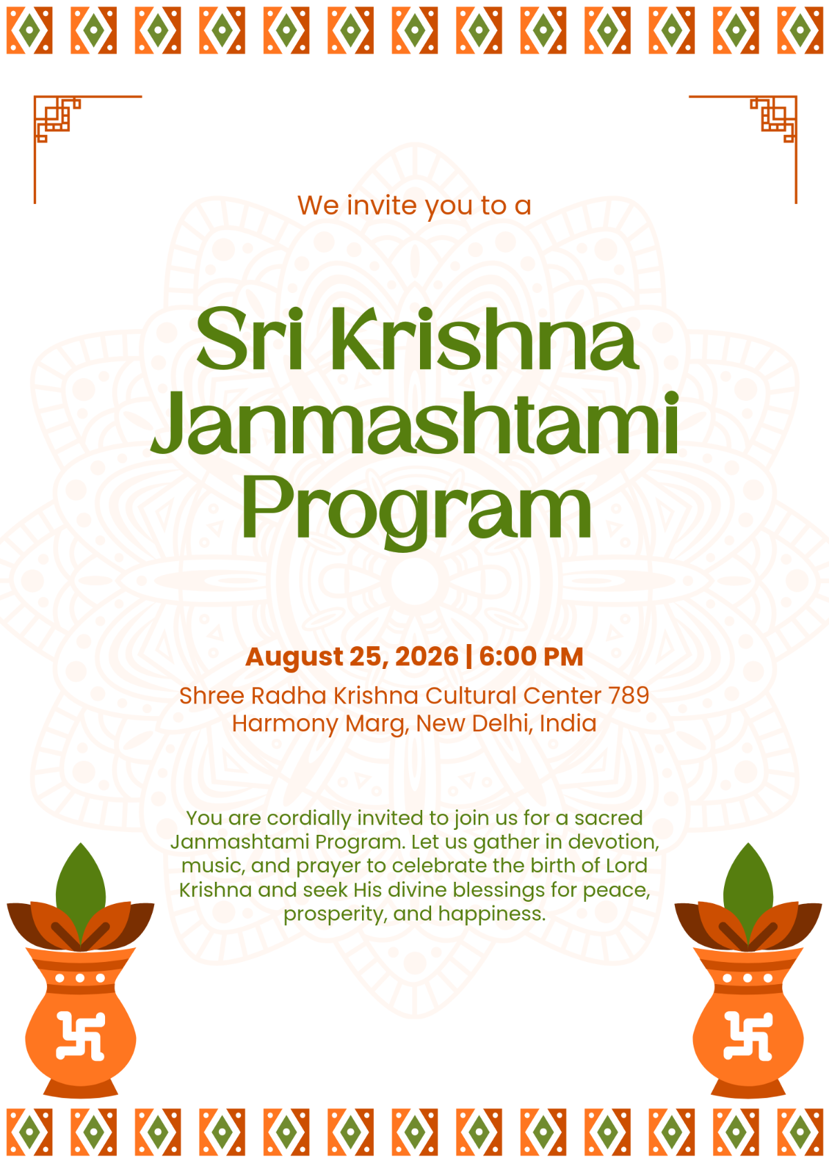 Free Professional Janmashtami Program Invitation Template to Edit Online