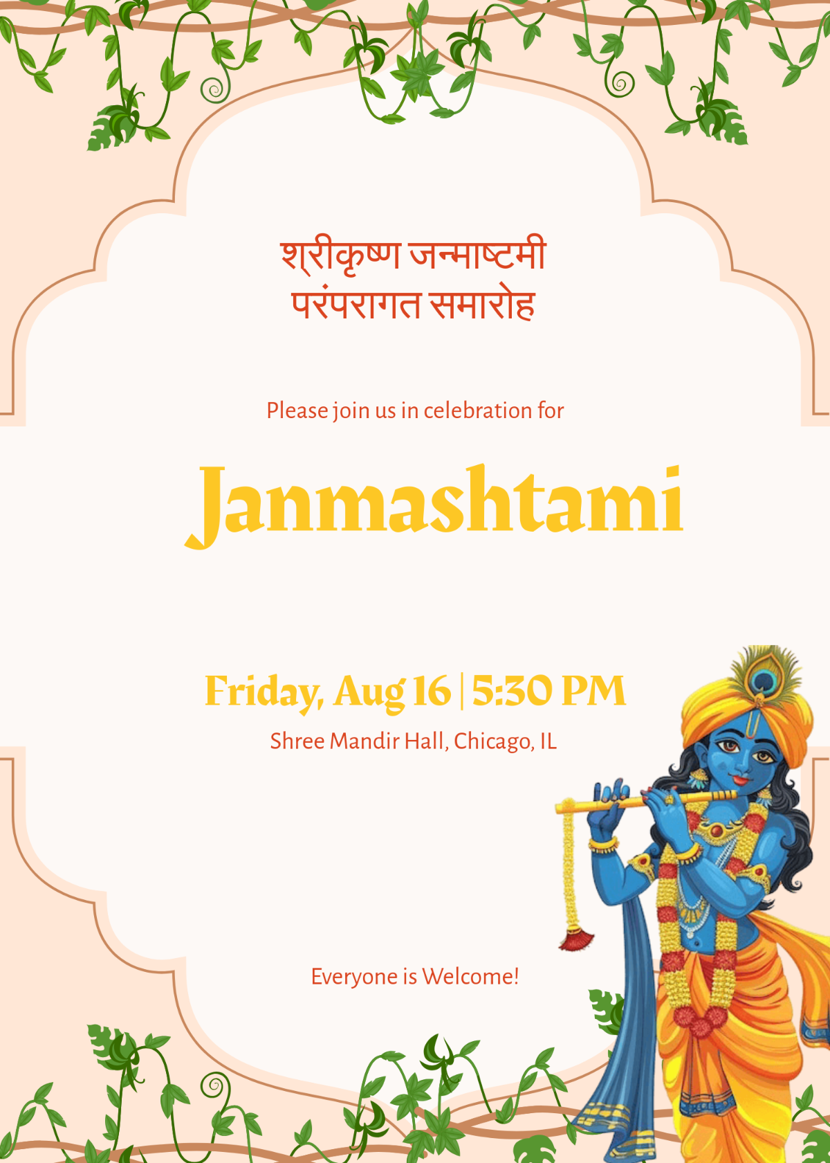Free Traditional Janmashtami Invitation Template to Edit Online
