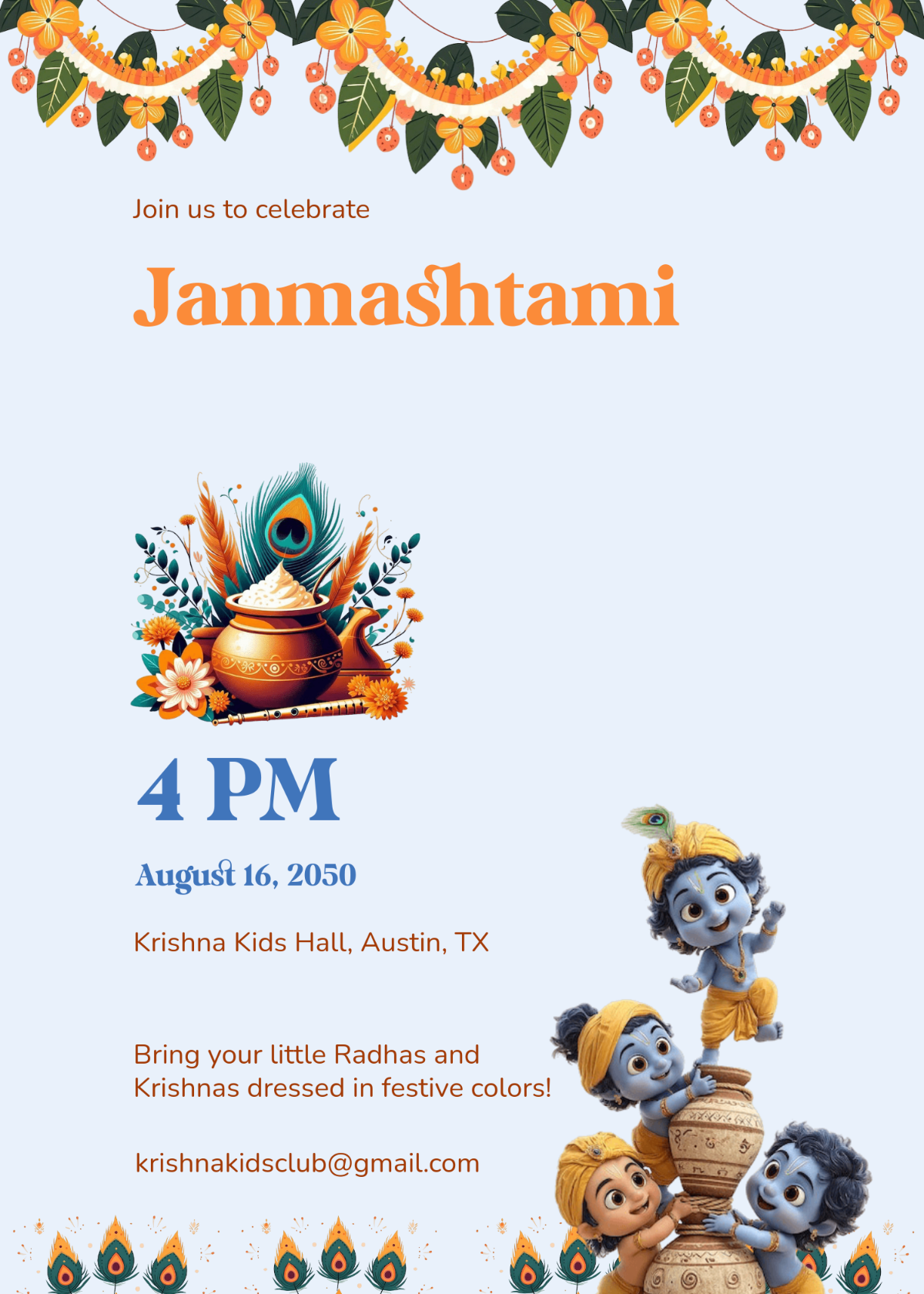 Free Cute Janmashtami Invitation Template to Edit Online