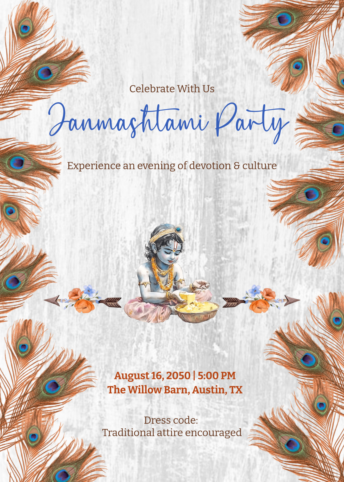 Free Rustic Janmashtami Invitation Template to Edit Online