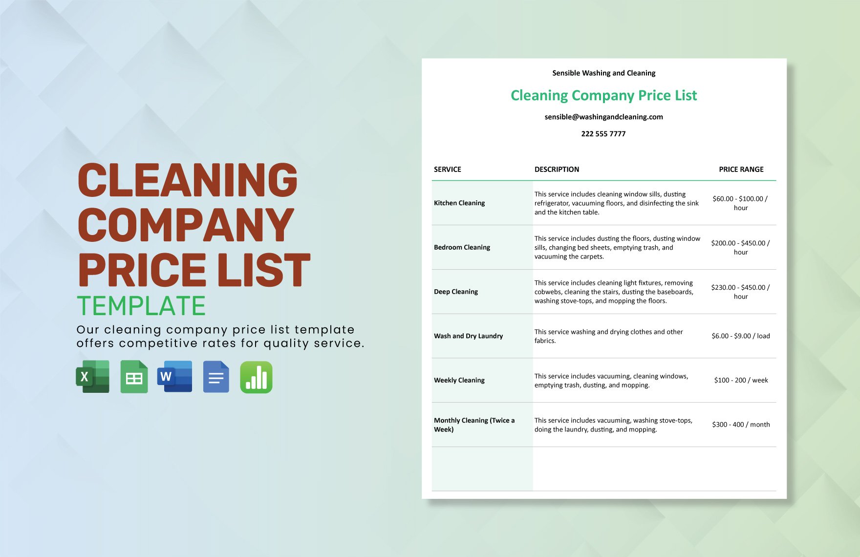 Cleaning Company Price List Template in Word, Google Docs, Excel, Google Sheets, Apple Numbers
