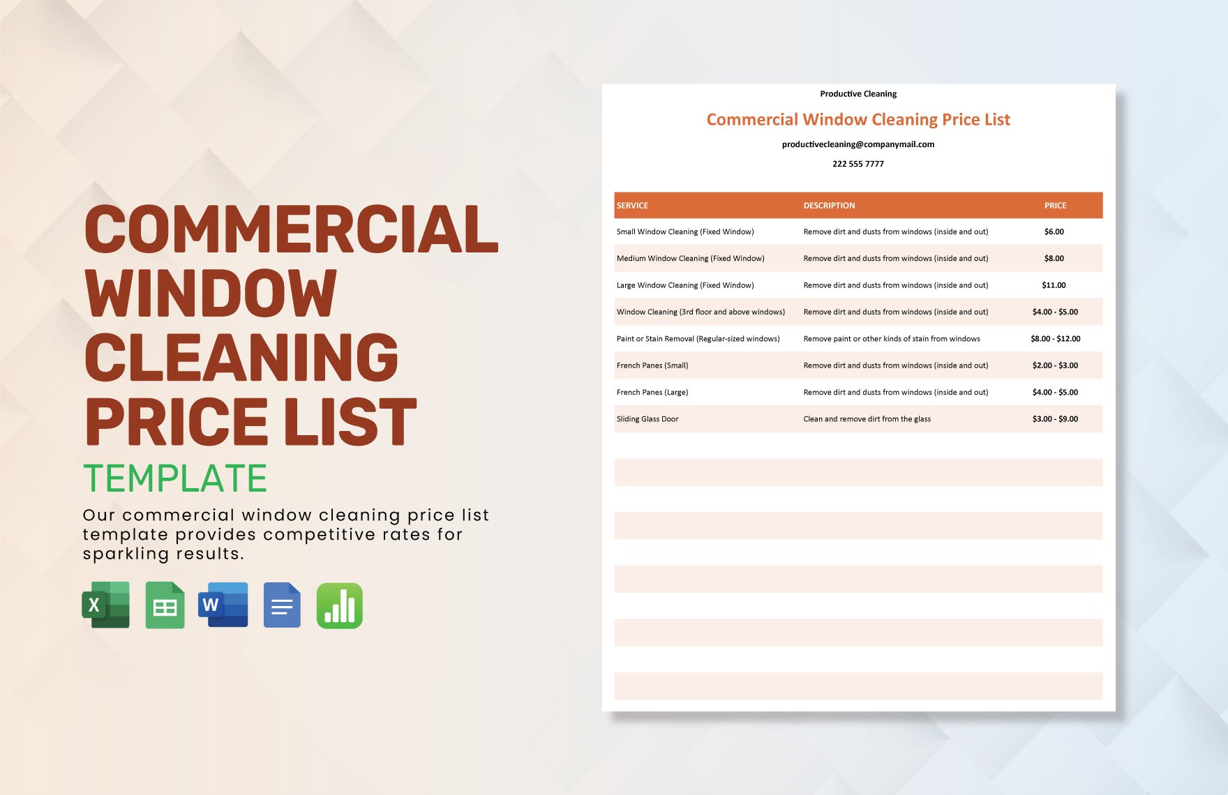 Free Commercial Window Cleaning Price List Template in Word, Google Docs, Excel, Google Sheets, Apple Numbers