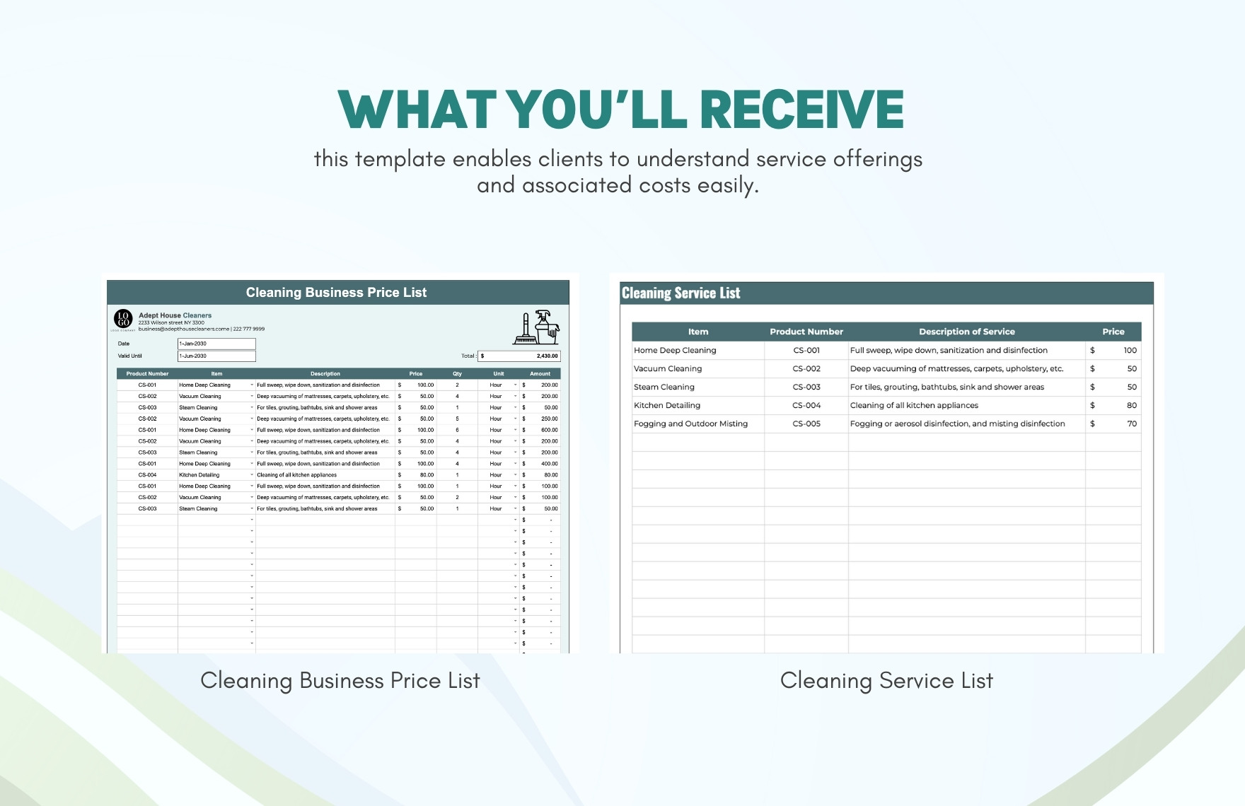 Cleaning Business Price List Template