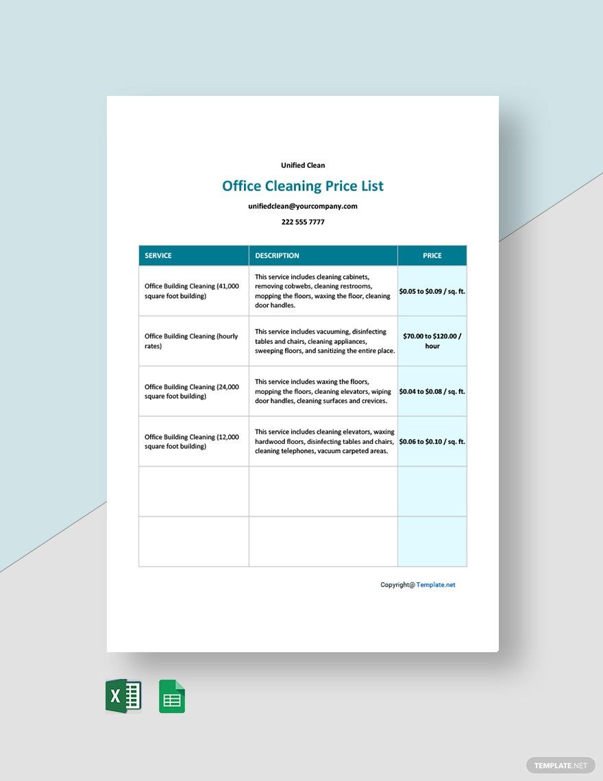Office Cleaning Price List Template