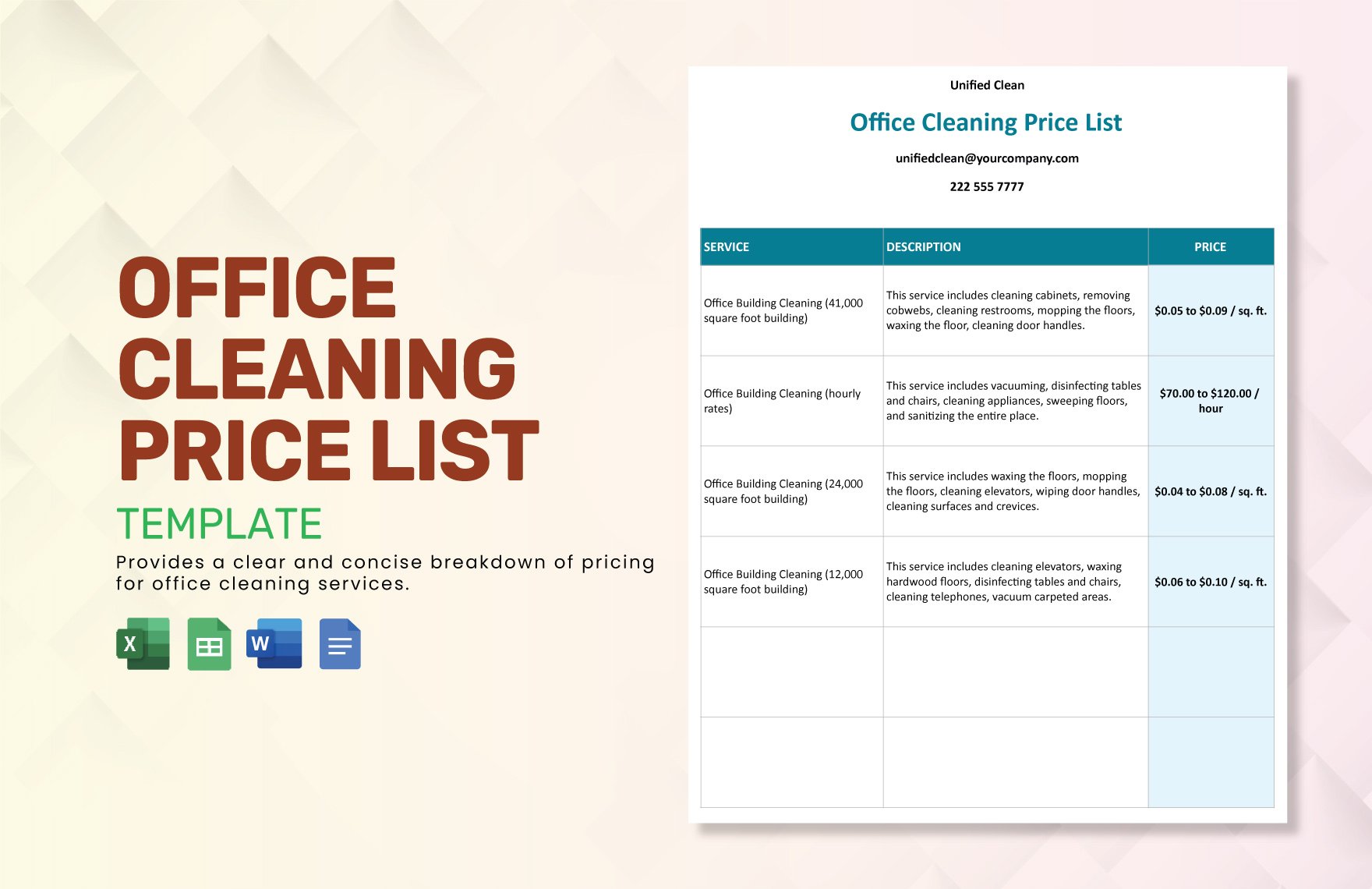 Office Cleaning Price List Template in Word, Google Docs, Excel, Google Sheets