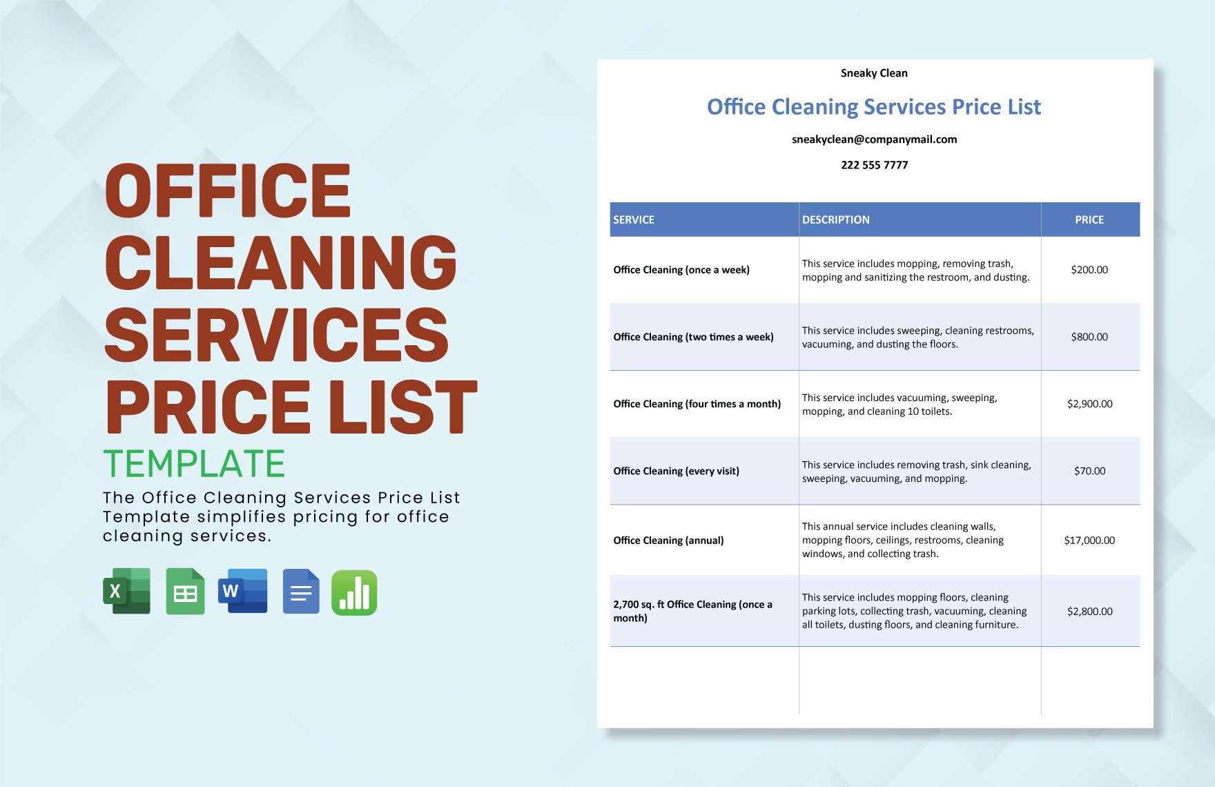 Free Office Cleaning Services Price List Template in Word, Google Docs, Excel, Google Sheets, Apple Numbers