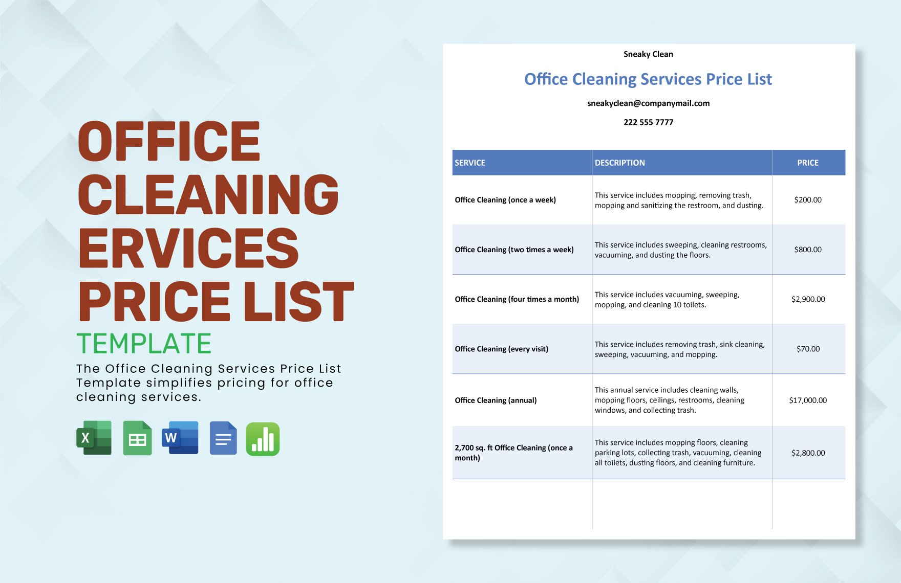 Office Cleaning Services Price List Template