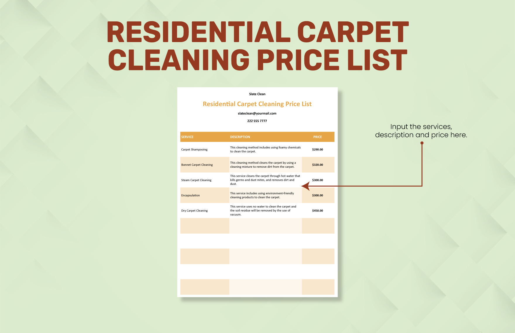 Residential Carpet Cleaning Price List Template