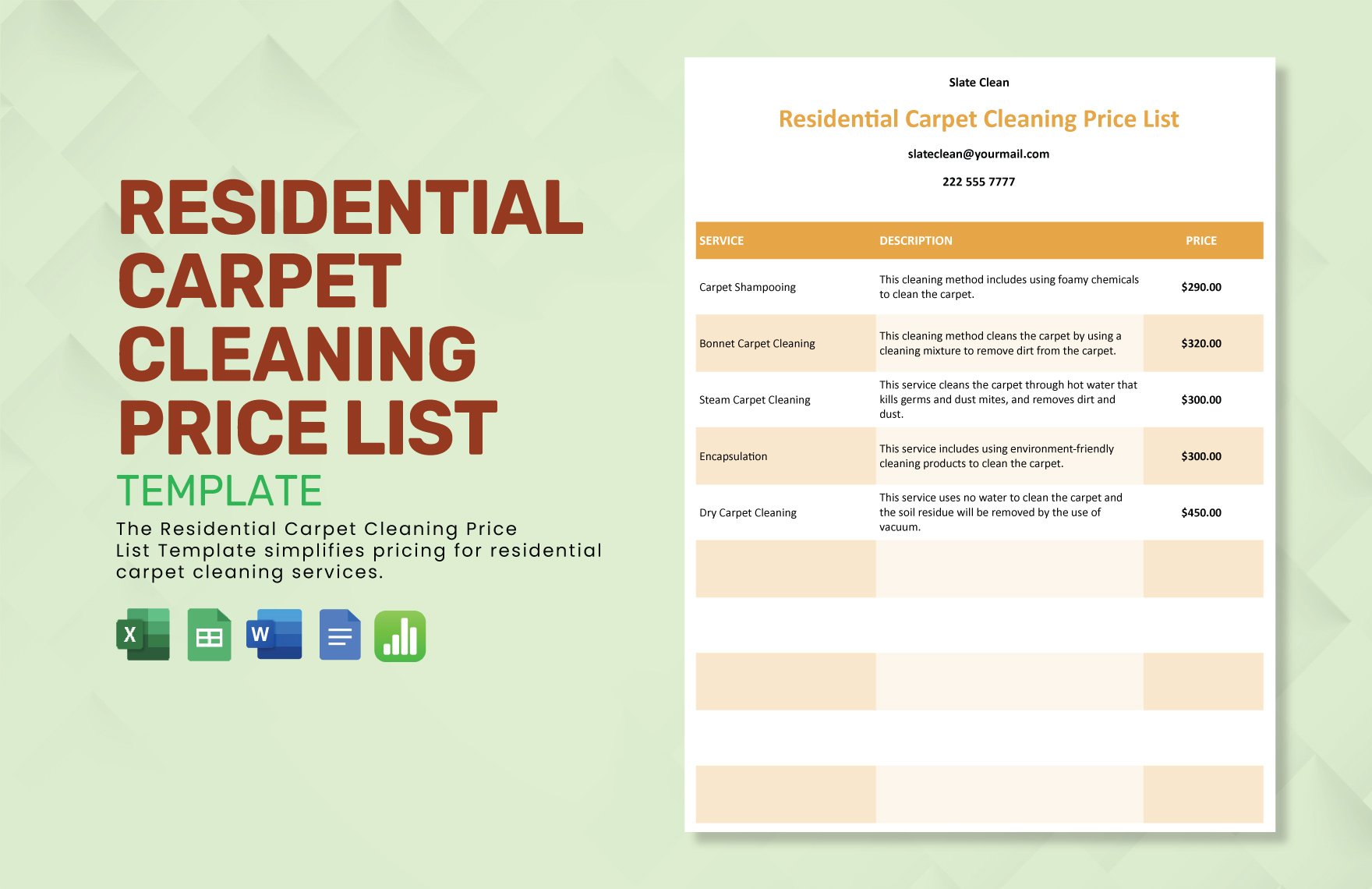 Residential Carpet Cleaning Price List Template in Word, Google Docs, Excel, Google Sheets, Apple Numbers