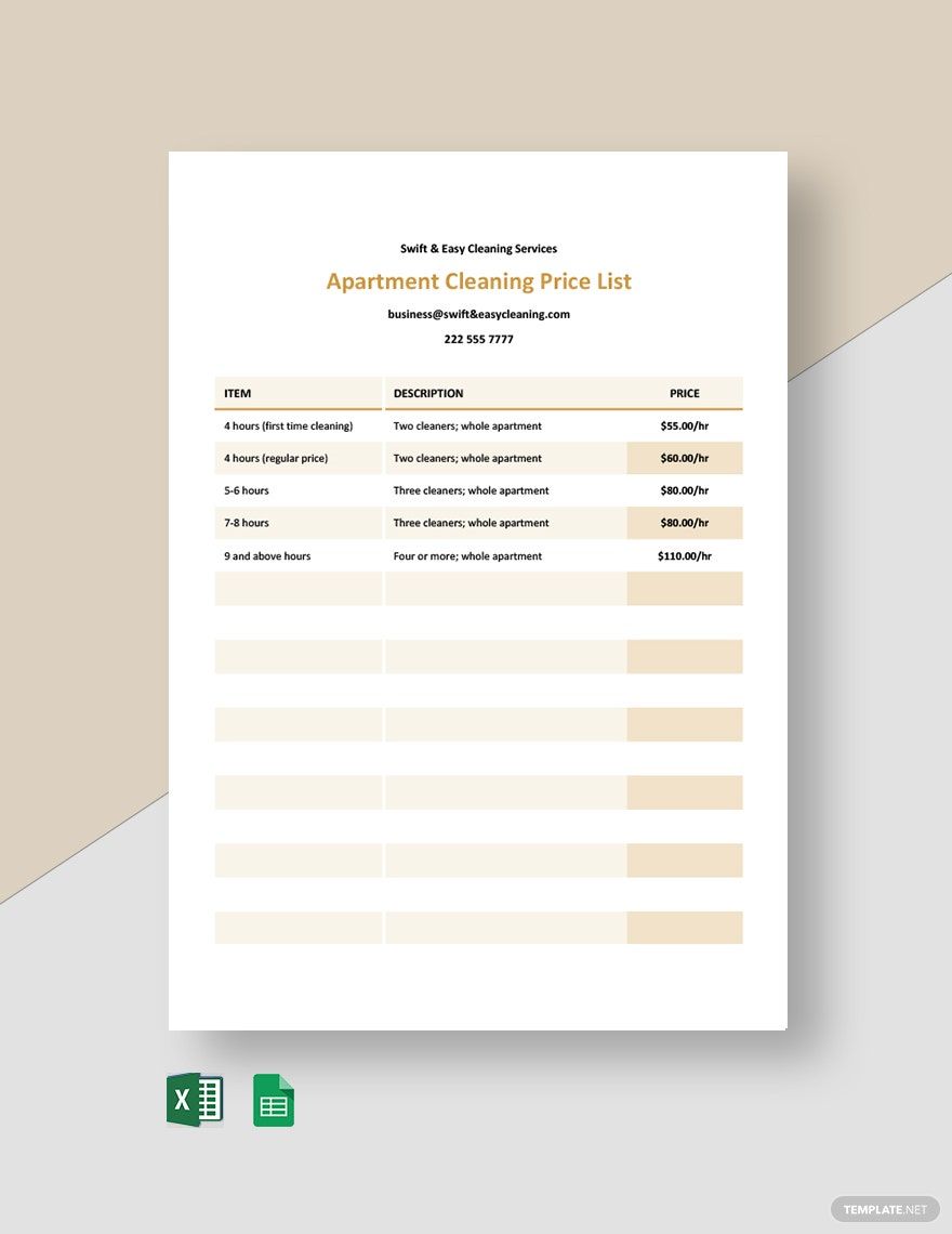 Free Apartment Cleaning Price List Template