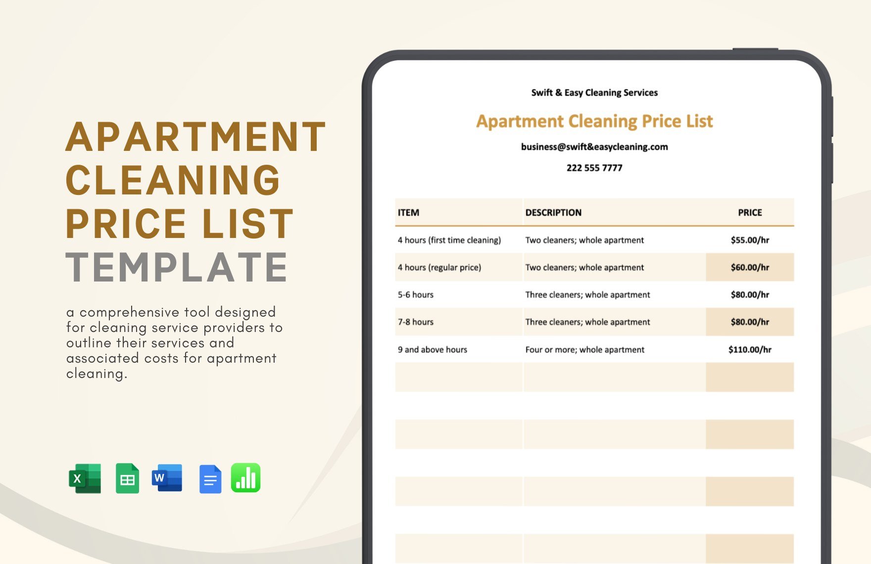 Free Apartment Cleaning Price List Template in Word, Google Docs, Excel, Google Sheets, Apple Numbers