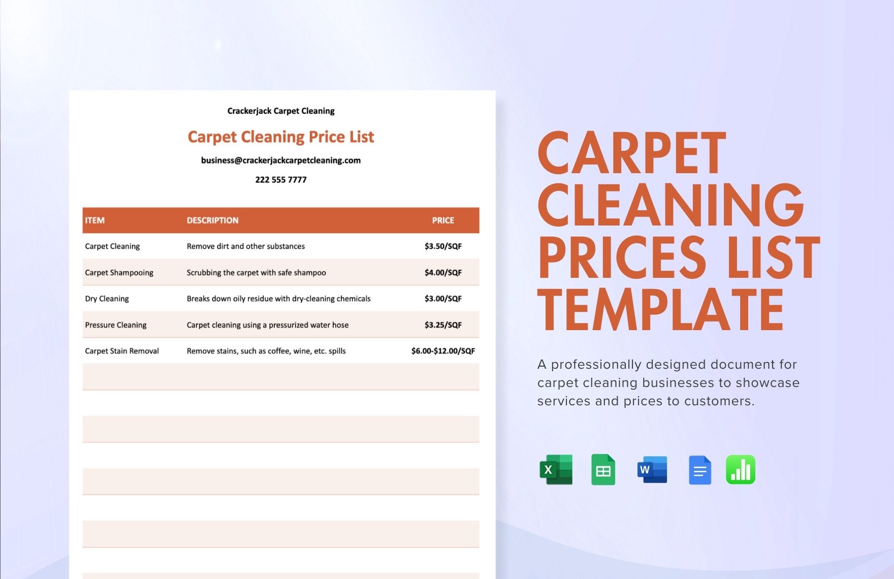 Carpet Cleaning Prices List Template in Word, Google Docs, Excel, Google Sheets, Apple Numbers