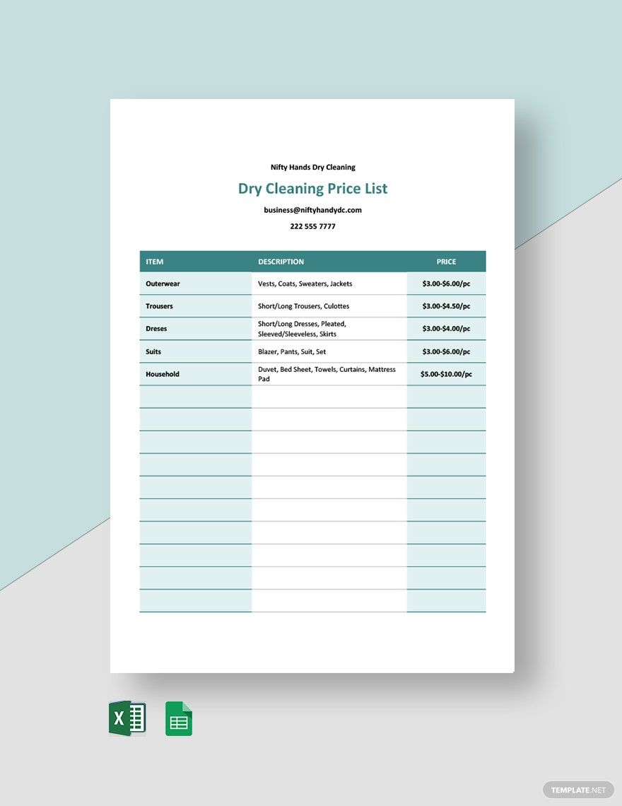 Free Dry Cleaning Price List Template