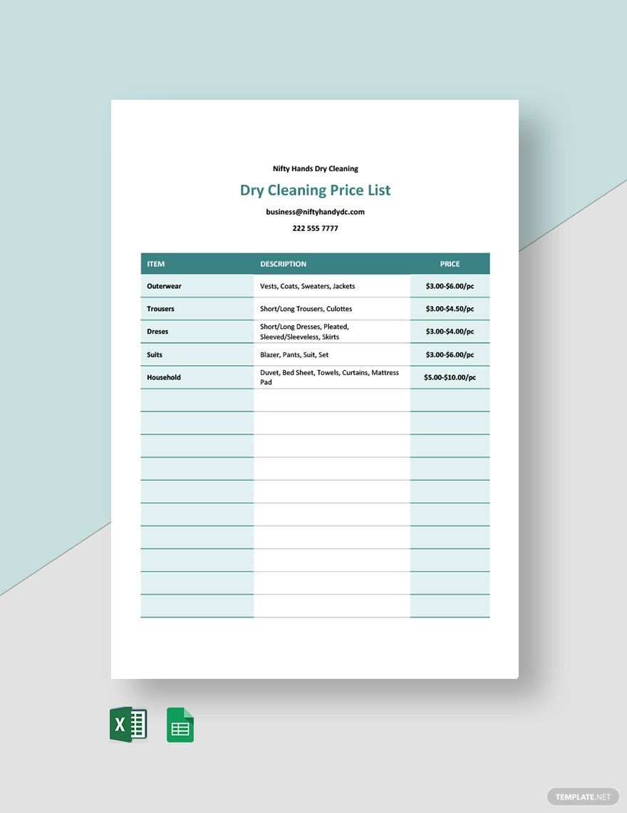 Dry Cleaning Price List Template