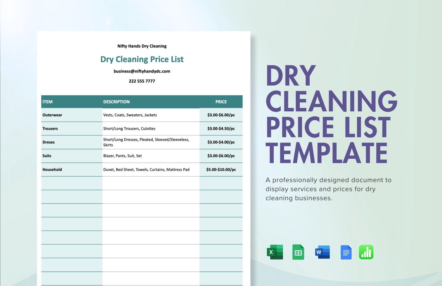 Dry Cleaning Price List Template in Word, Google Docs, Excel, Google Sheets, Apple Numbers