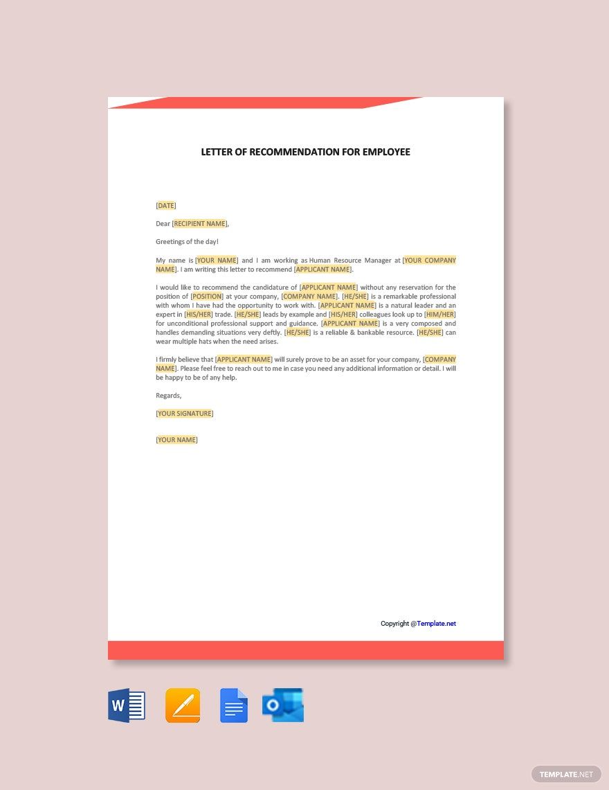 Letter Template of Recommendation for Employee