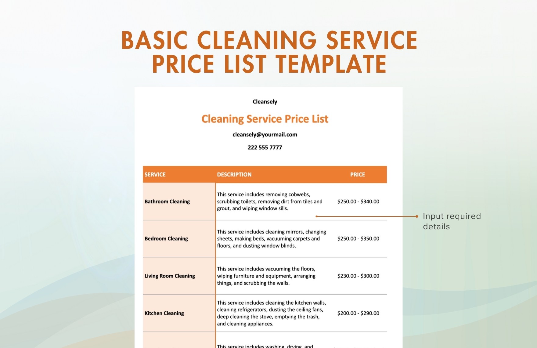 Basic Cleaning Service Price List Template