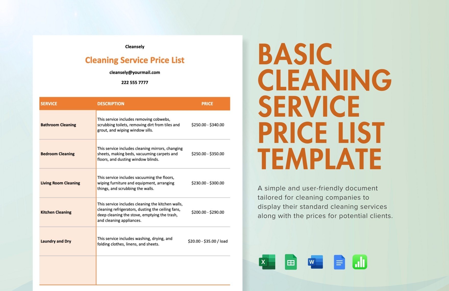 Free Basic Cleaning Service Price List Template in Word, Google Docs, Excel, Google Sheets, Apple Numbers