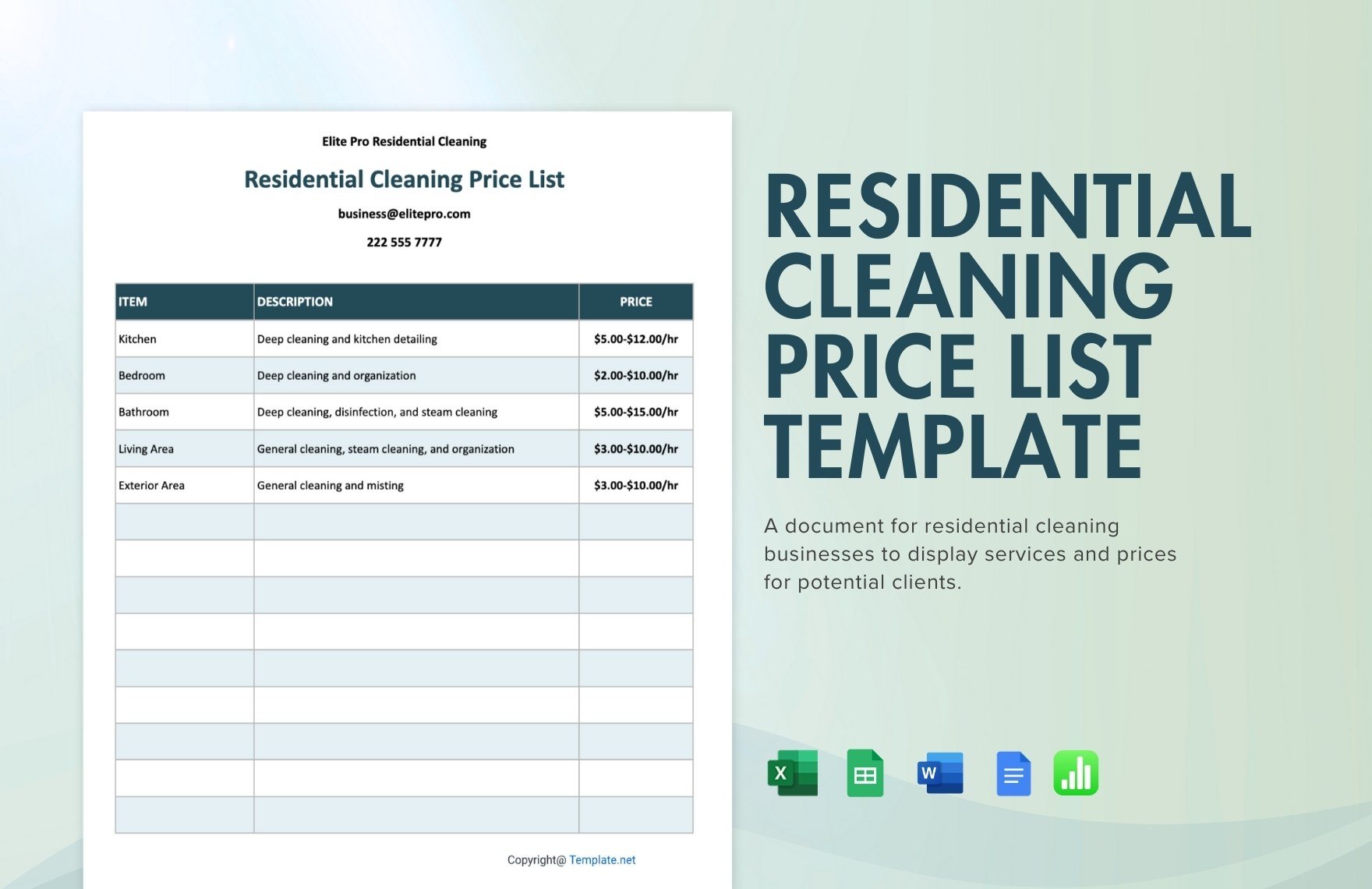 Residential Cleaning Price List Template in Word, Google Docs, Excel, Google Sheets, Apple Numbers