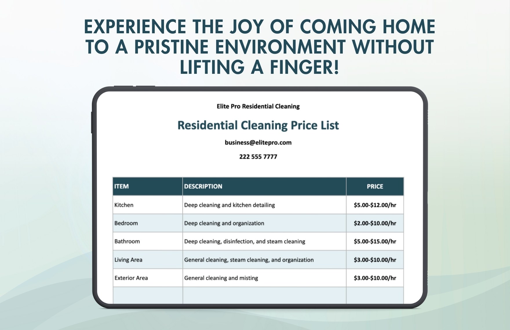 Residential Cleaning Price List Template