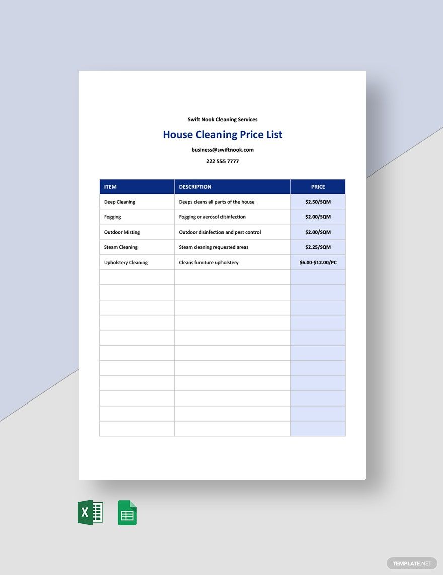 Home Cleaning Services Price List Template in Word, Google Docs, Excel, Google Sheets, Apple Numbers