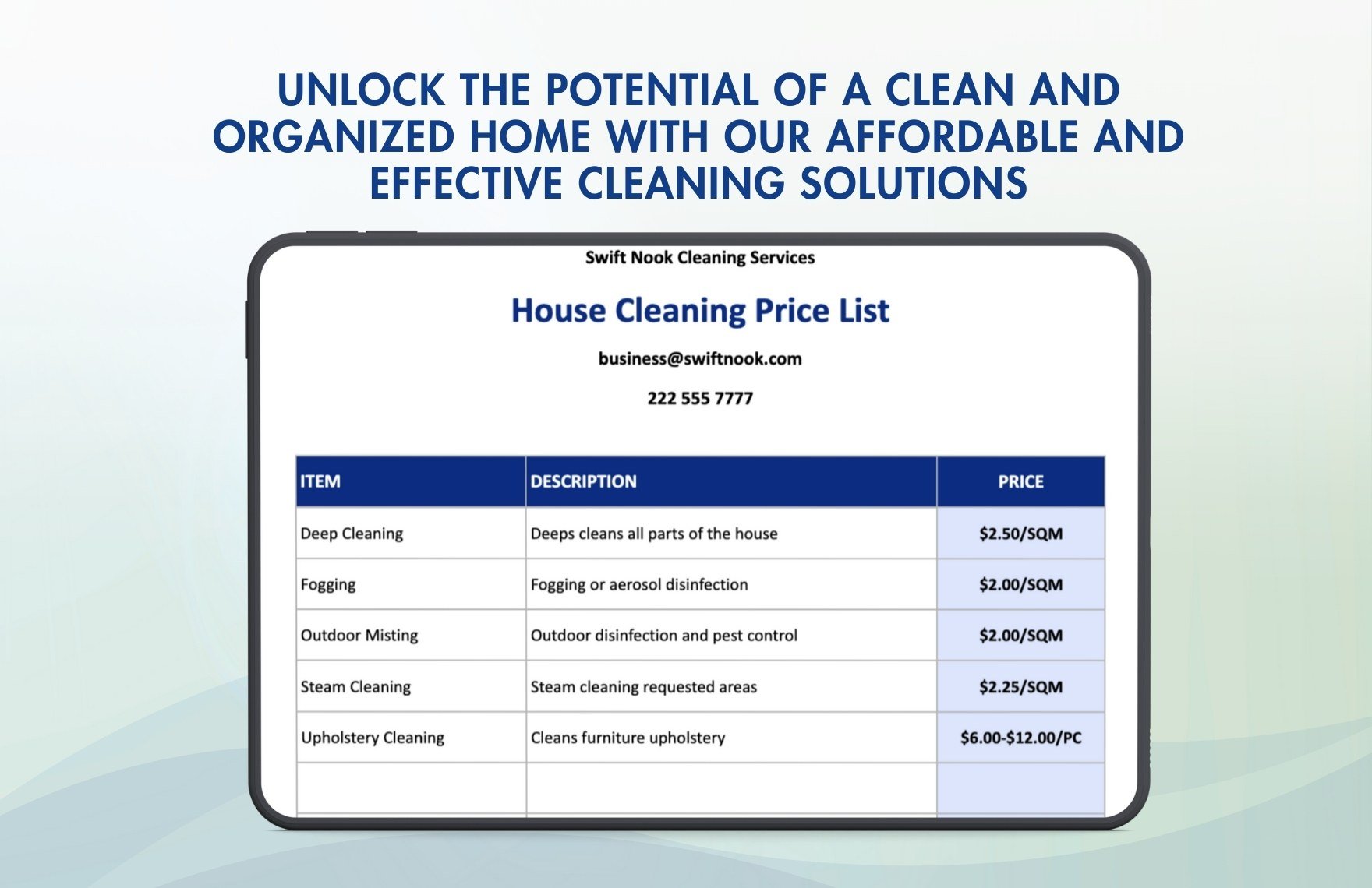 Home Cleaning Services Price List Template