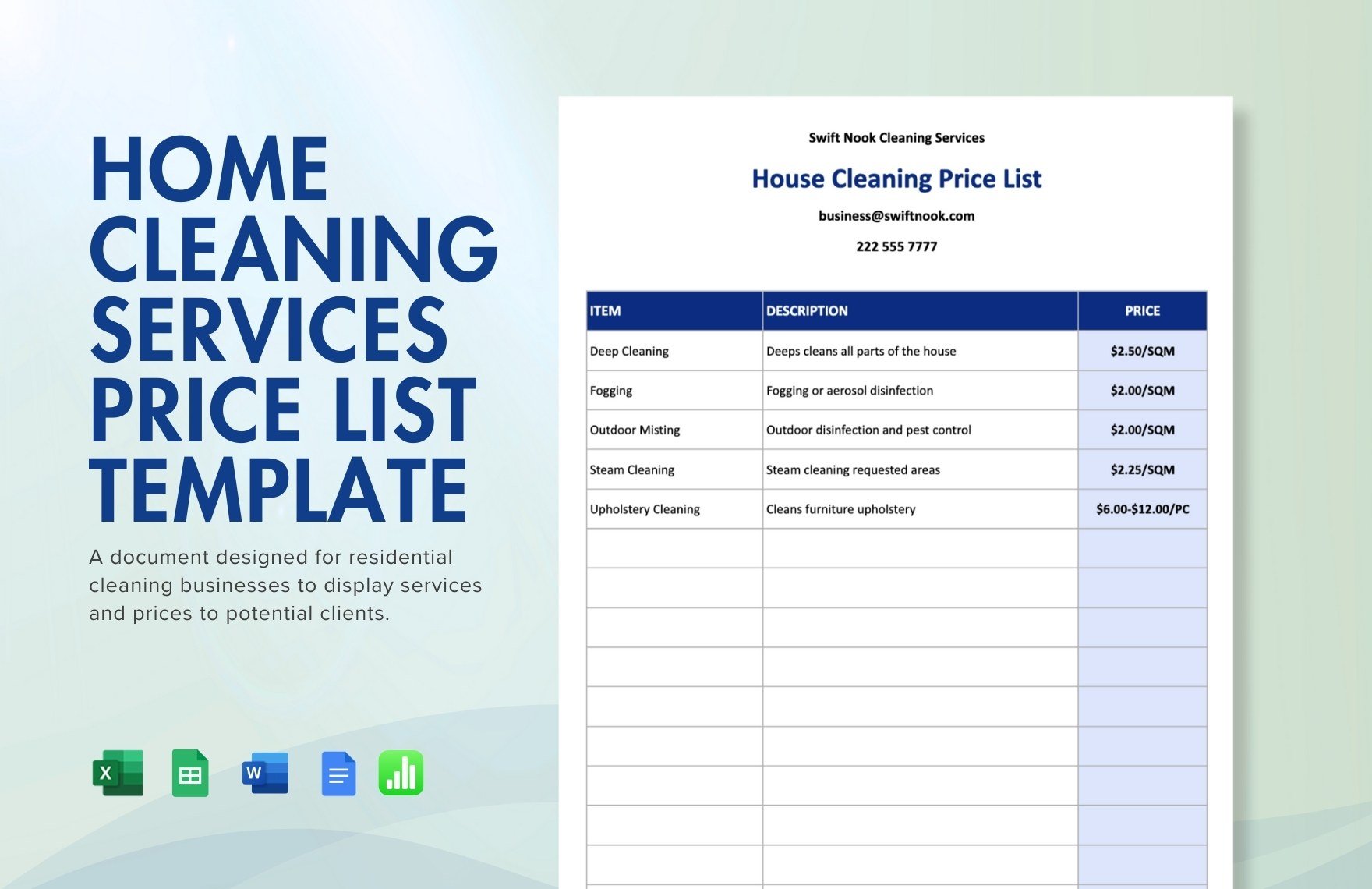 Home Cleaning Services Price List Template in Word, Google Docs, Excel, Google Sheets, Apple Numbers