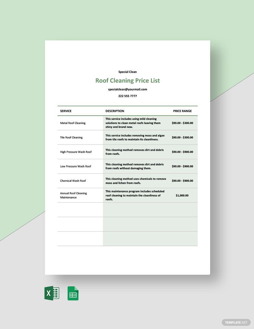 Roof Cleaning Price List Template in Word, Google Docs, Excel, Google Sheets, Apple Numbers