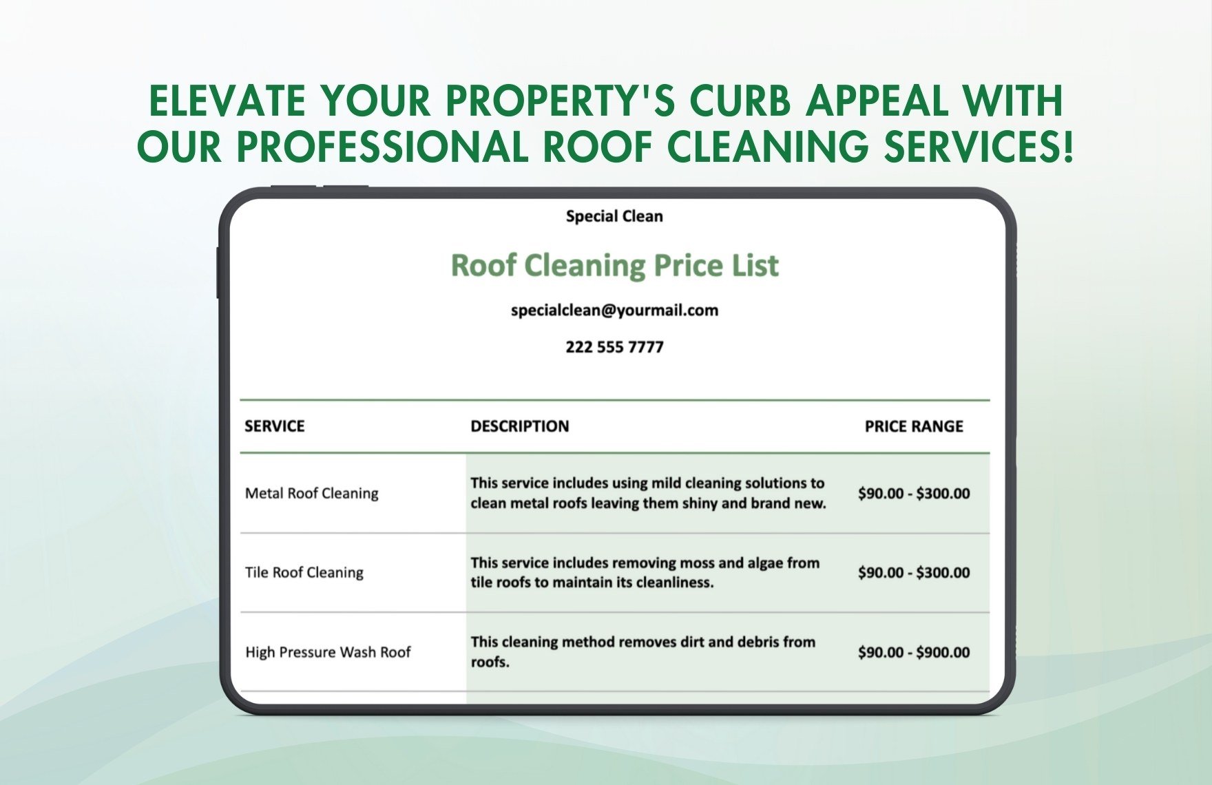 Roof Cleaning Price List Template