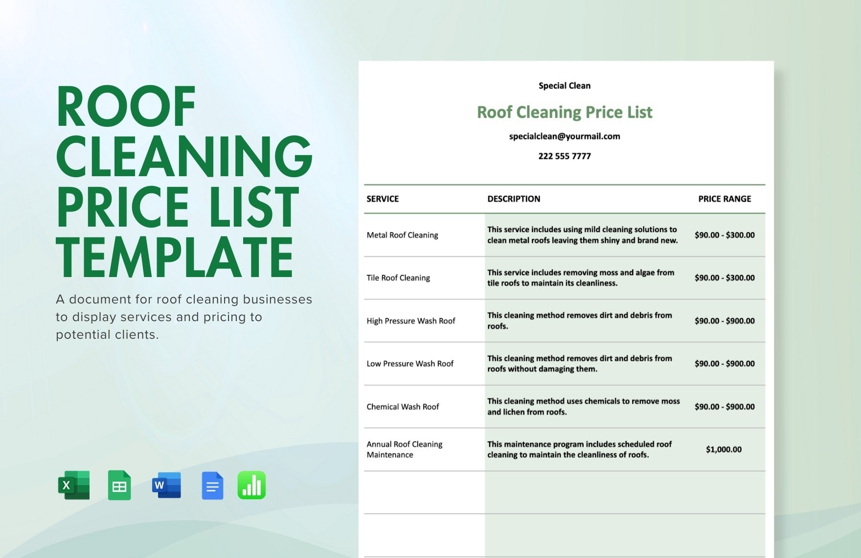 Free Roof Cleaning Price List Template in Word, Google Docs, Excel, Google Sheets, Apple Numbers