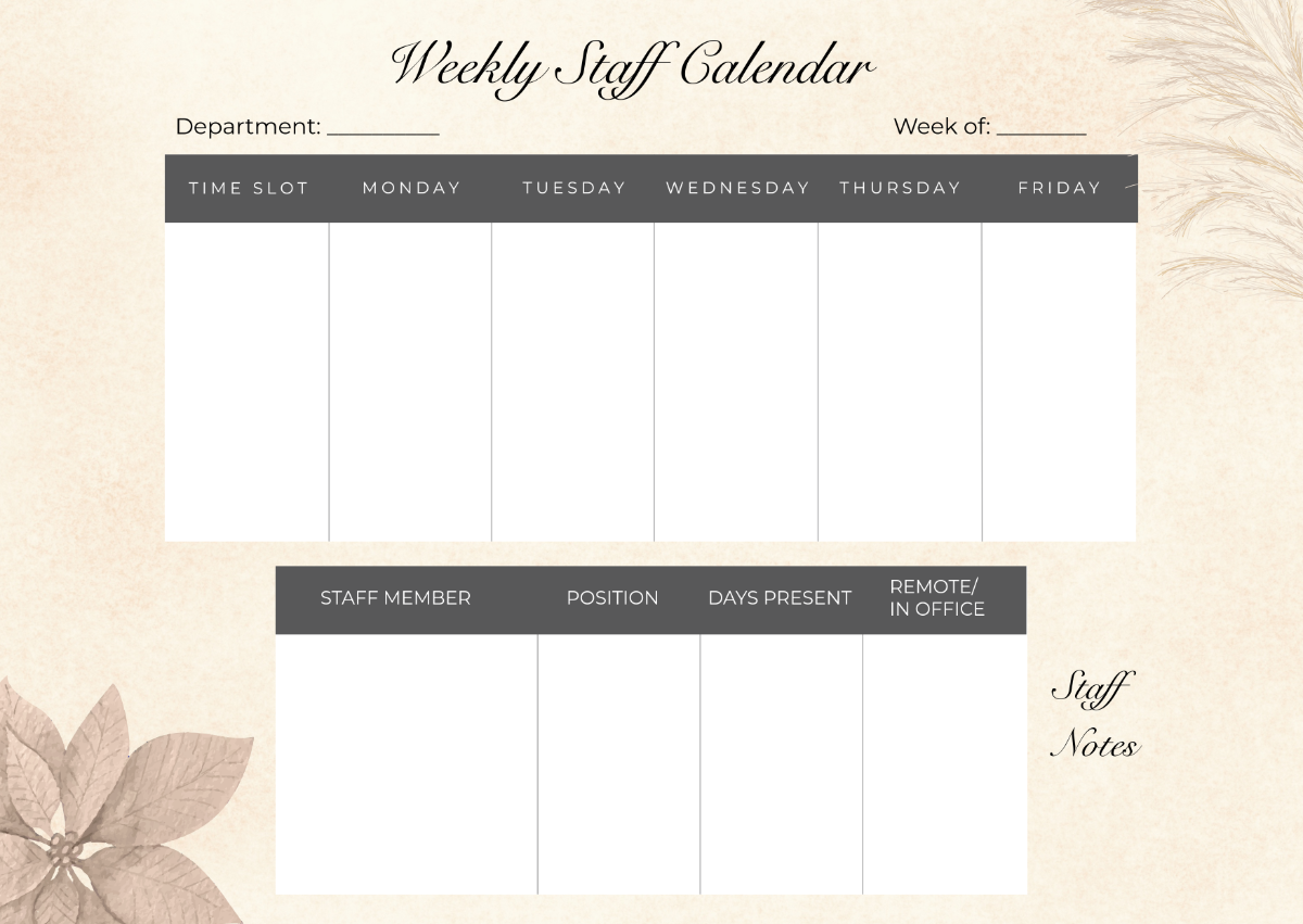 Free Weekly Staff Calendar Template to Edit Online