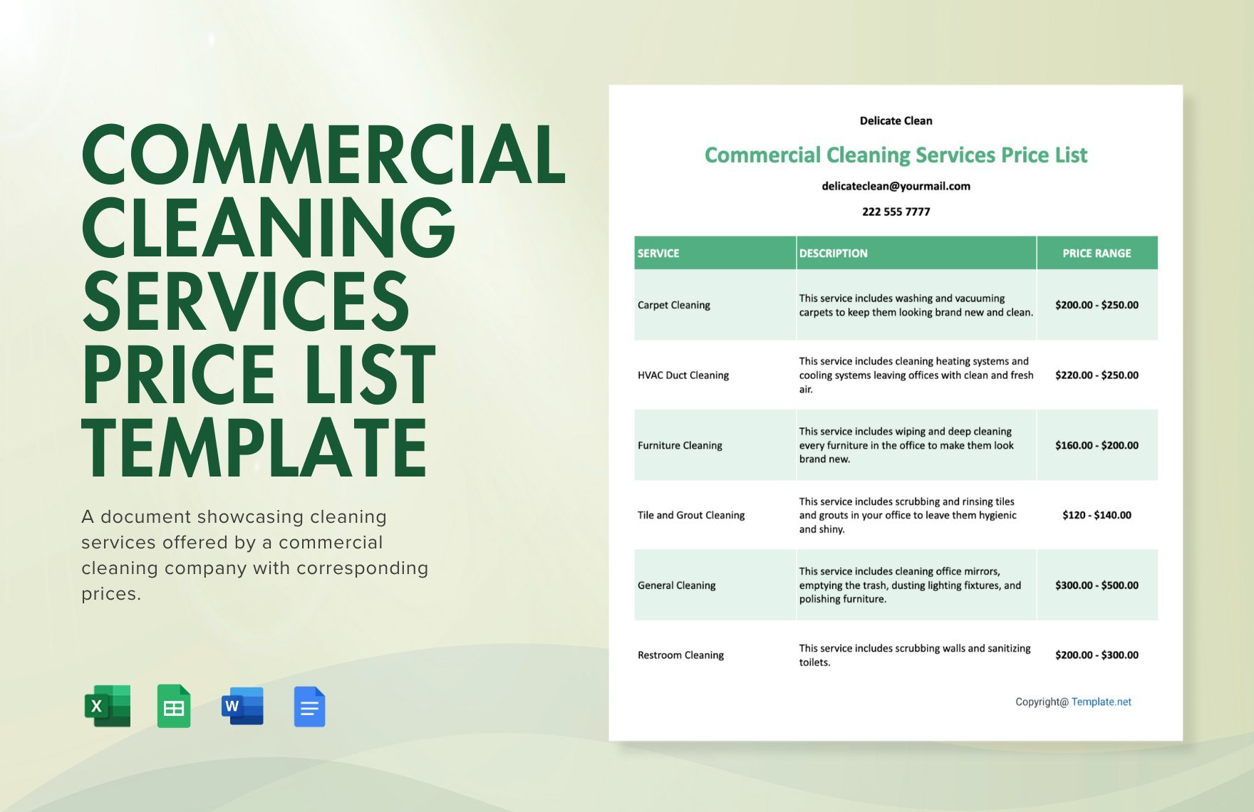 Commercial Cleaning Services Price List Template in Word, Google Docs, Excel, Google Sheets