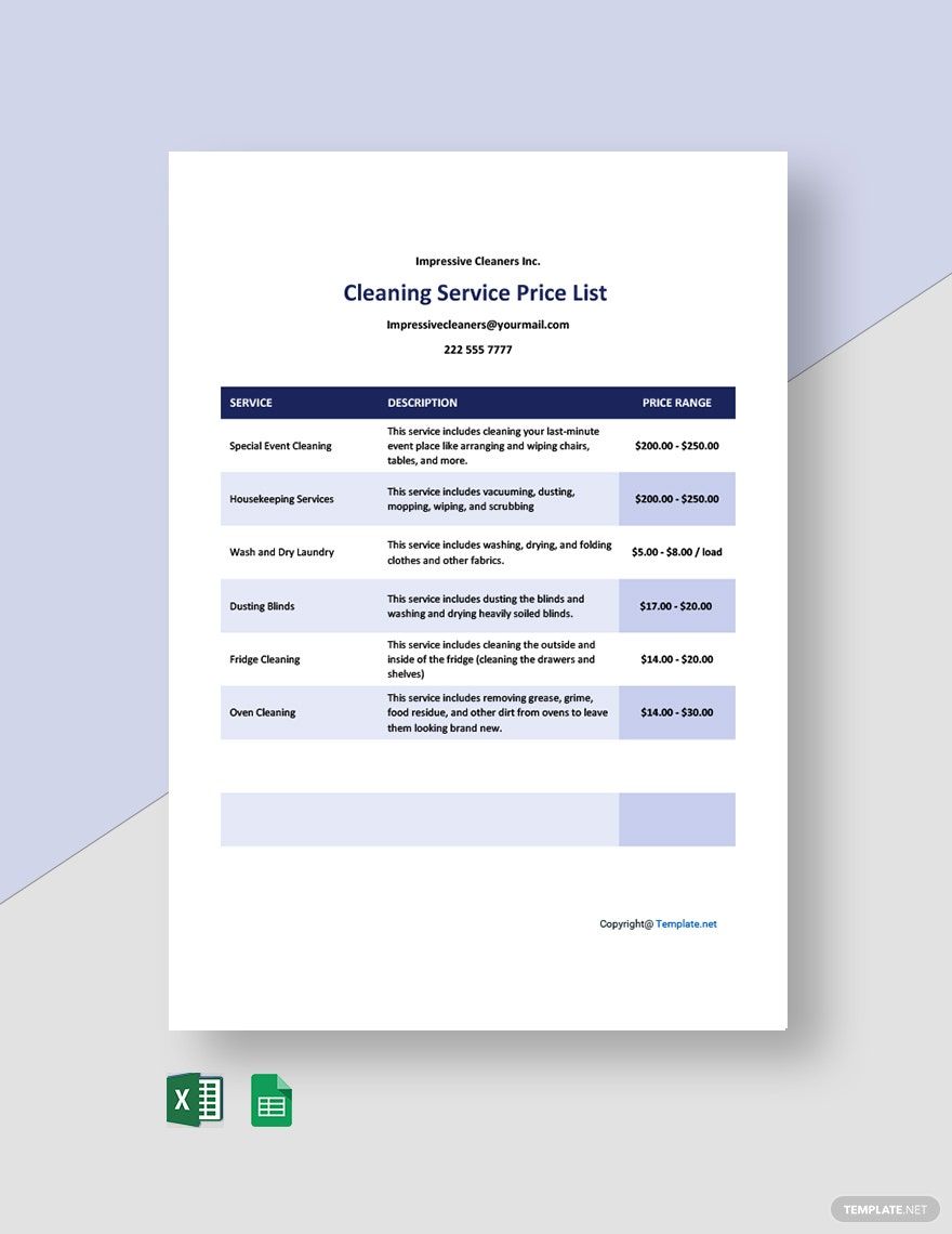 Free Sample Cleaning Service Price List Template