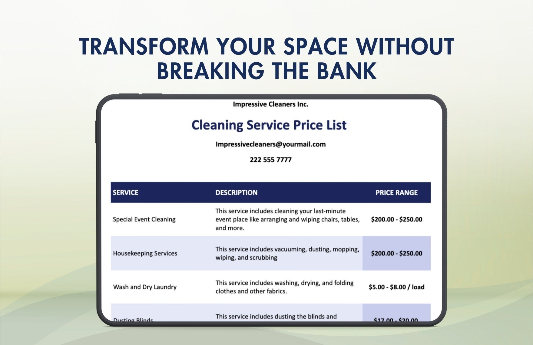 Sample Cleaning Service Price List Template