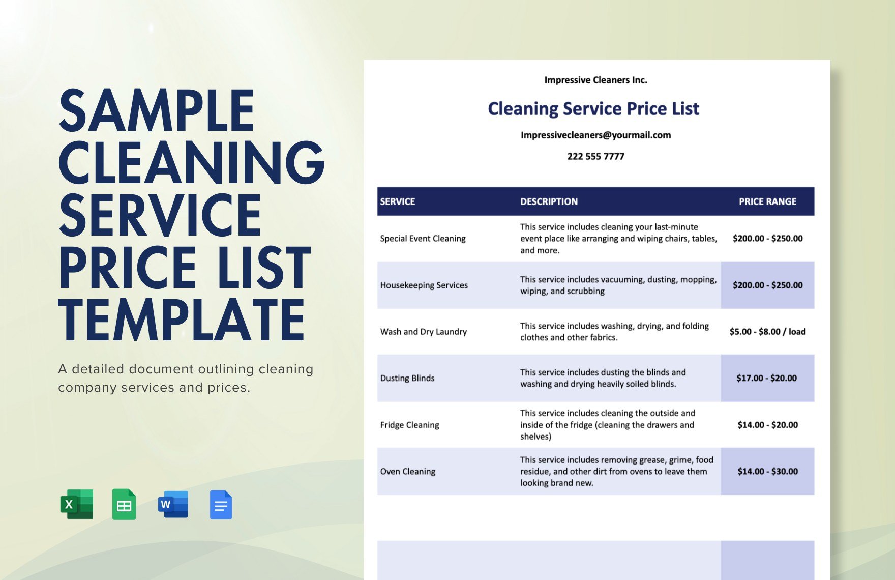 Free Sample Cleaning Service Price List Template in Word, Google Docs, Excel, Google Sheets