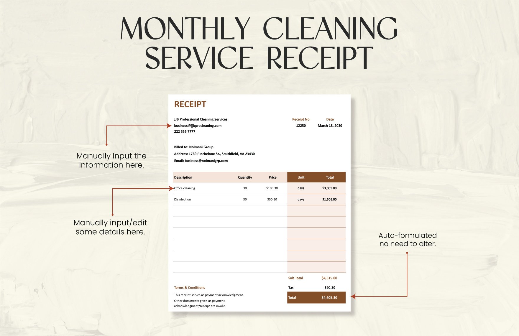Monthly Cleaning Service Receipt Template