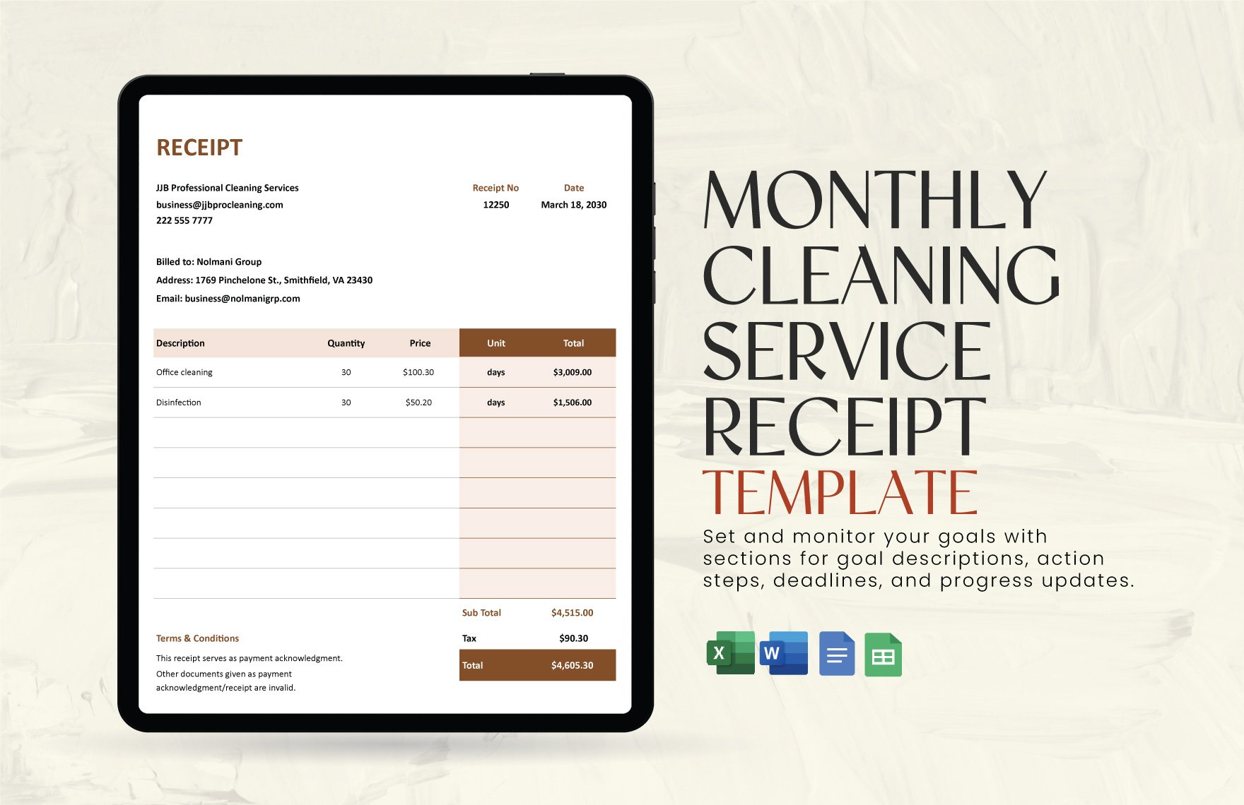 Monthly Cleaning Service Receipt Template in Word, Google Docs, Excel, Google Sheets