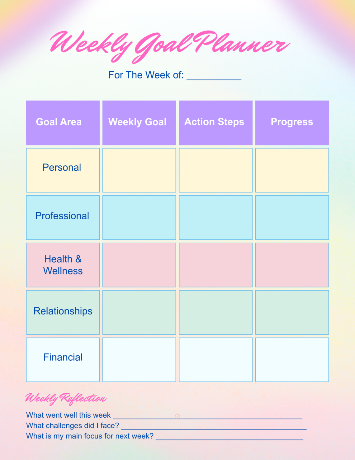 Free Colorful Weekly Goal Template