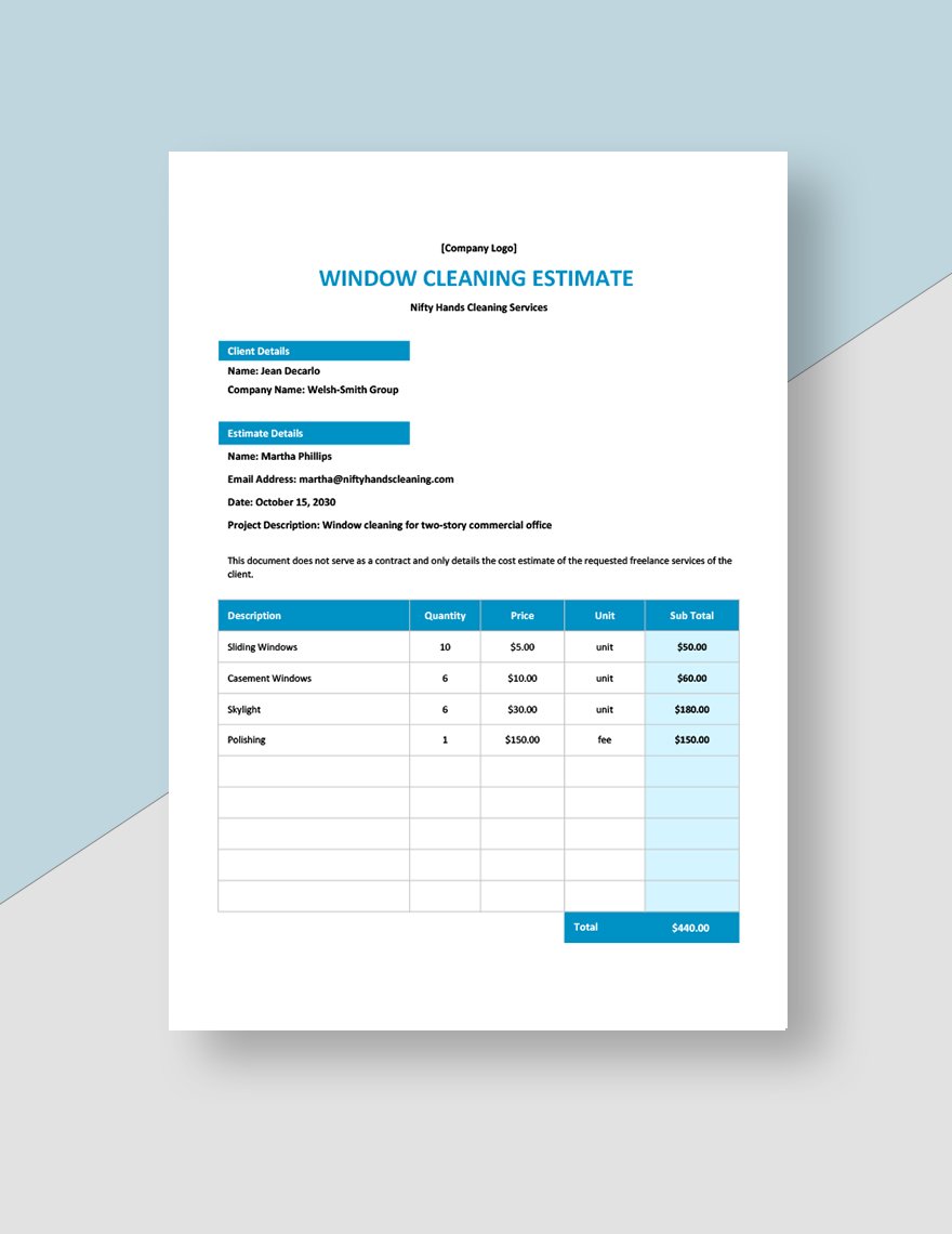 Window Cleaning Estimate Template Google Docs, Google Sheets, Excel