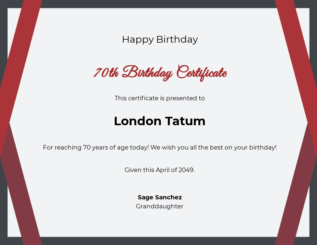 Free Birthday Certificate Templates - 70th Birthday Certificate Template