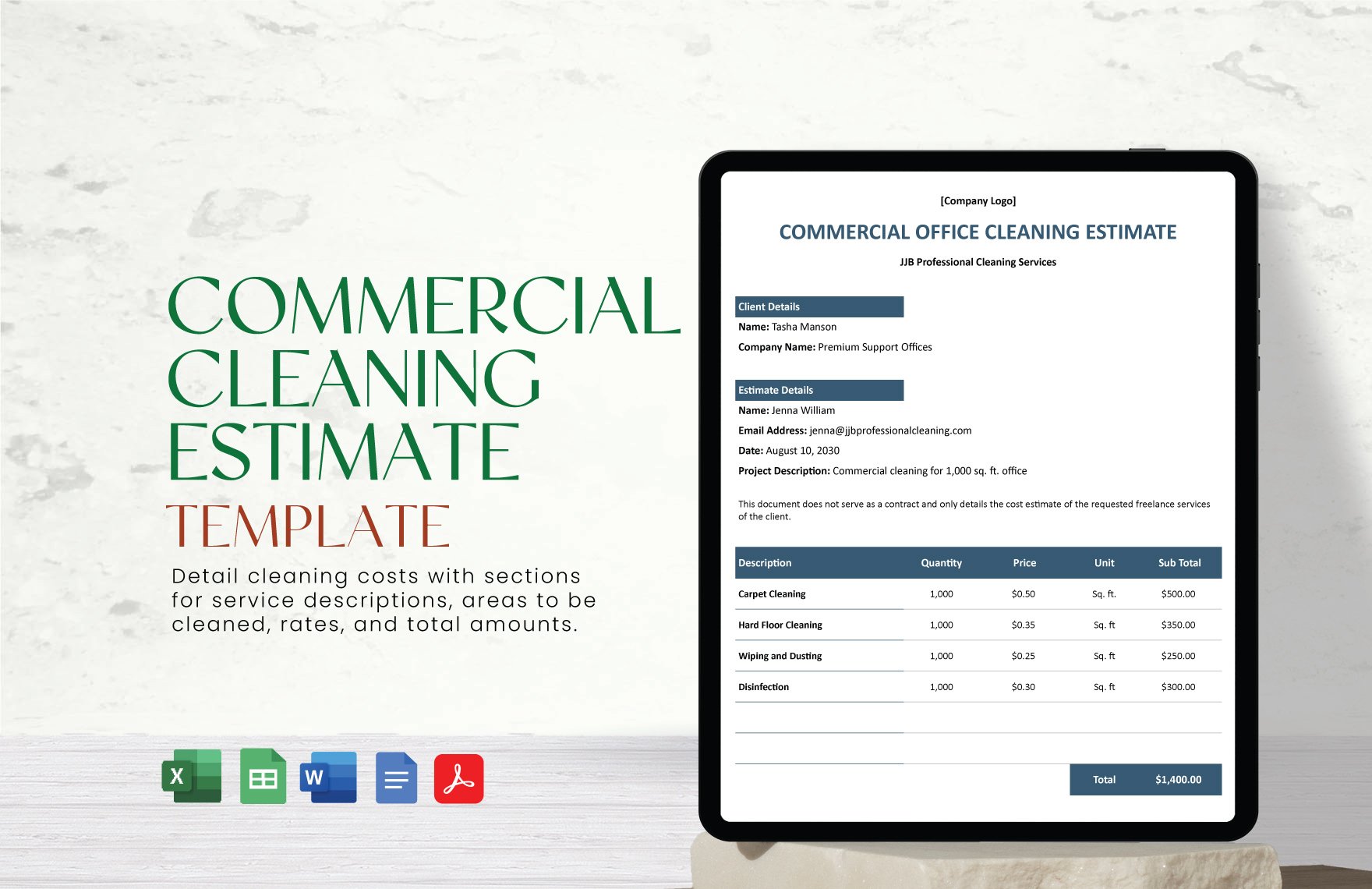 Free Commercial Cleaning Estimate Template in Word, Google Docs, Excel, PDF, Google Sheets