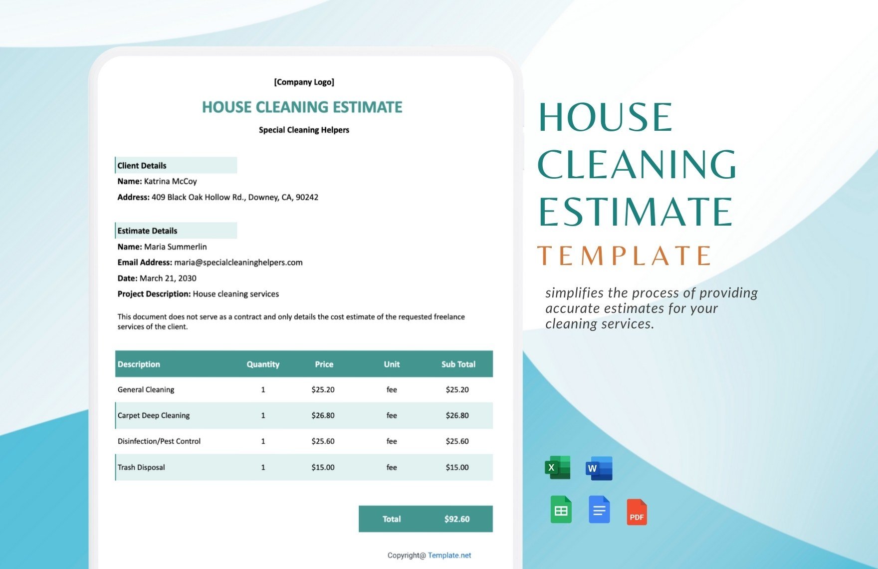 House Cleaning Estimate Template in Excel, Word, Google Docs, Google Sheets, PDF - Download | Template.net