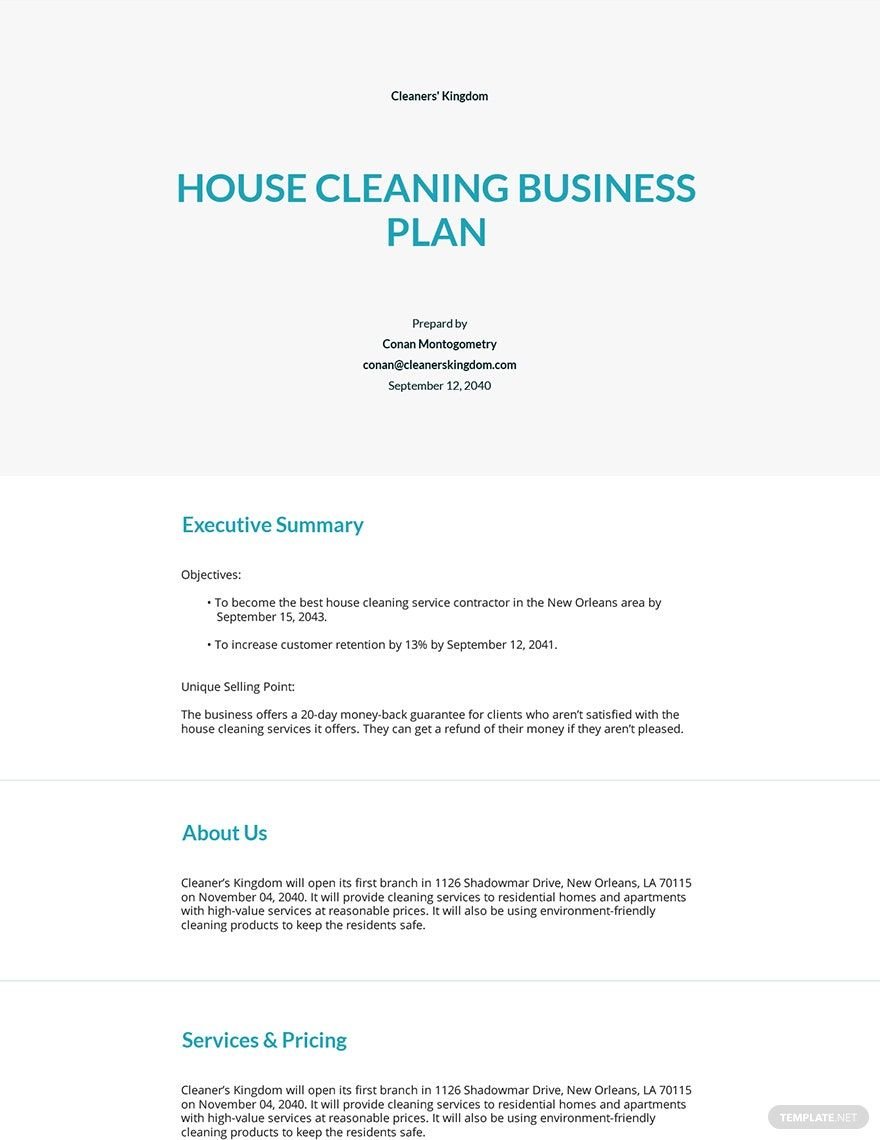 business plan for home cleaning service