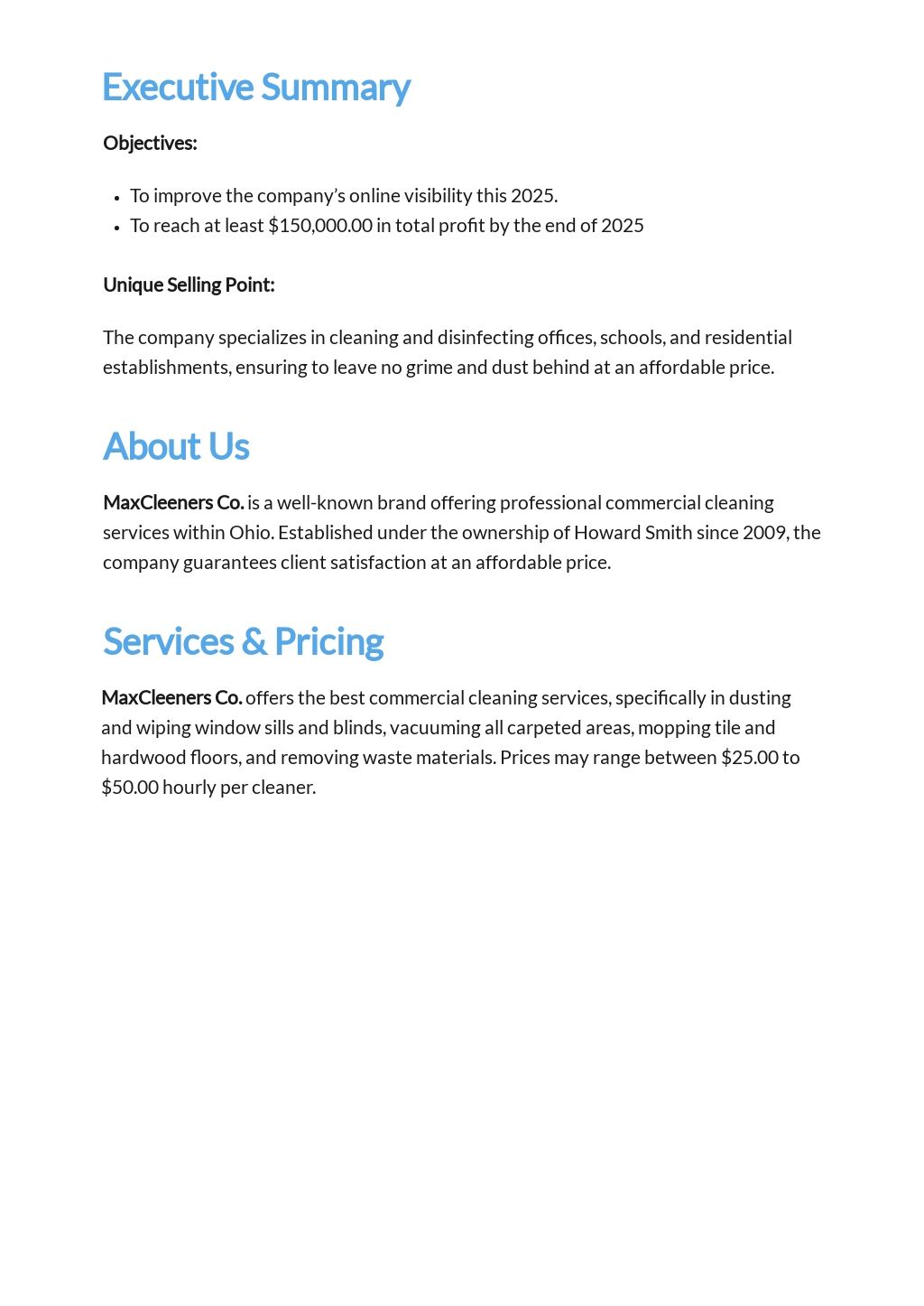 Business Plan Template For Service Company