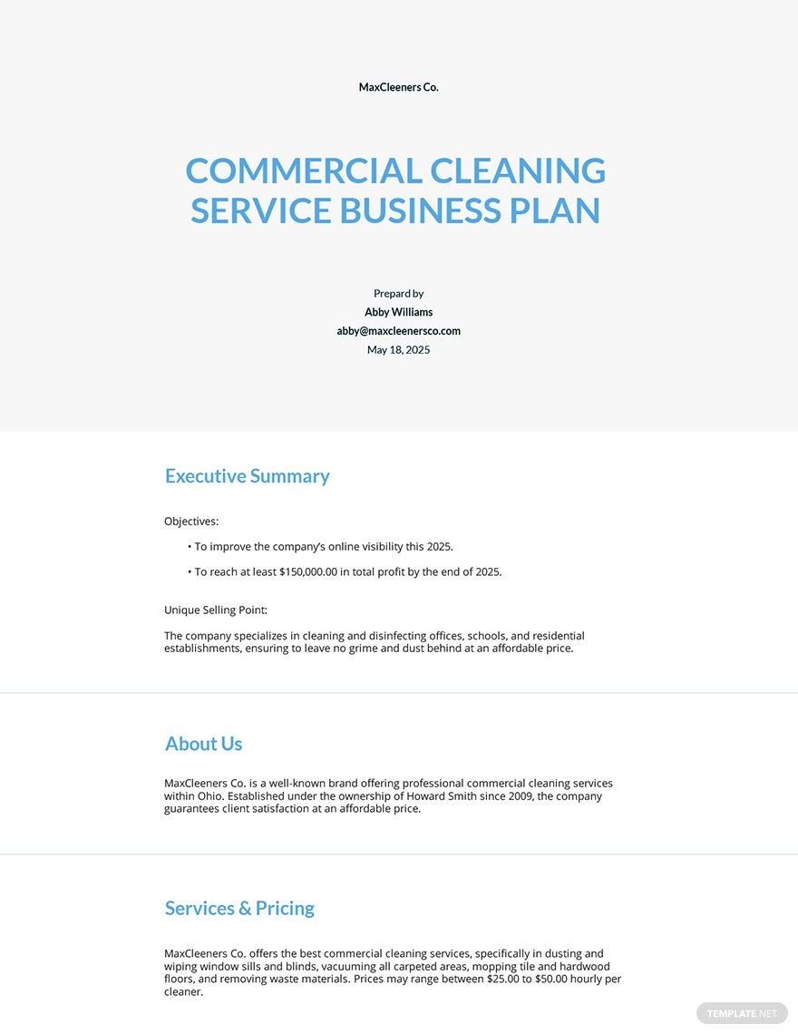 Commercial Cleaning Service Business Plan Template Google Docs, Word