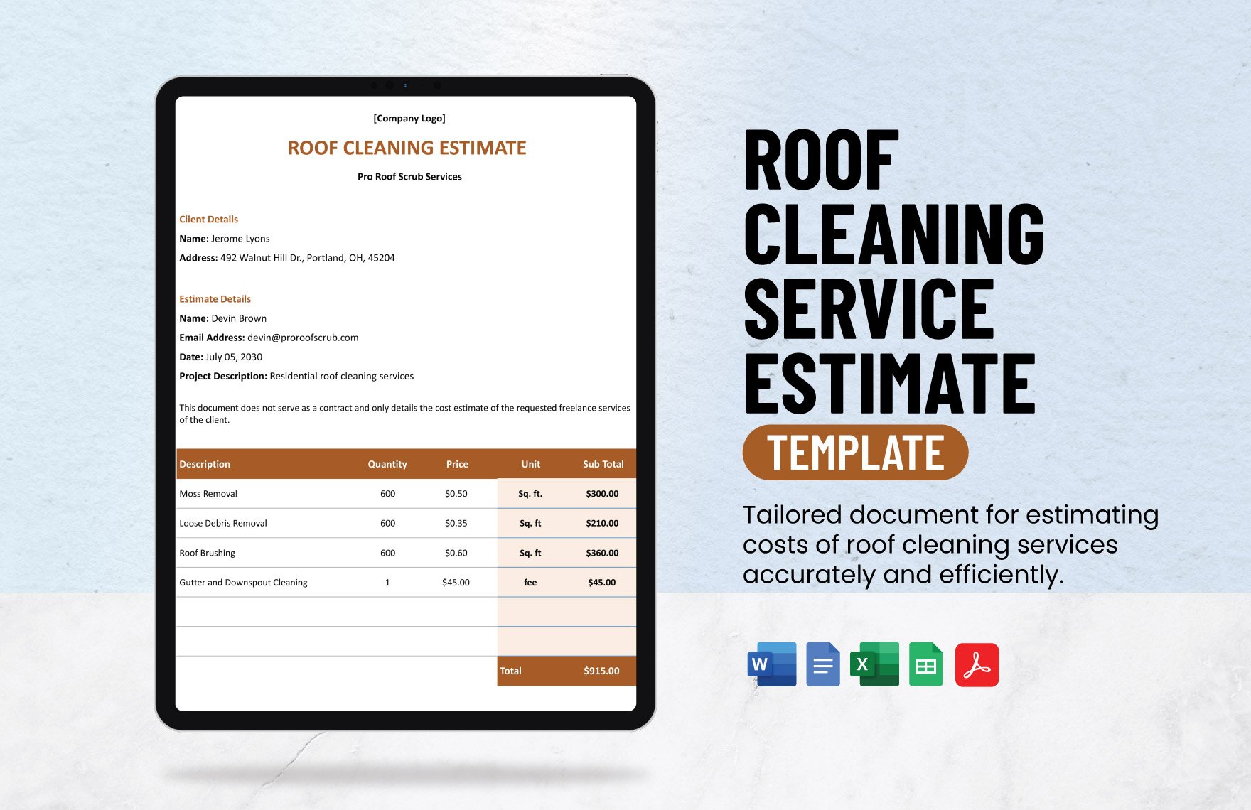 Roof Cleaning Service Estimate Template in Word, Excel, Google Sheets, Google Docs, PDF - Download | Template.net