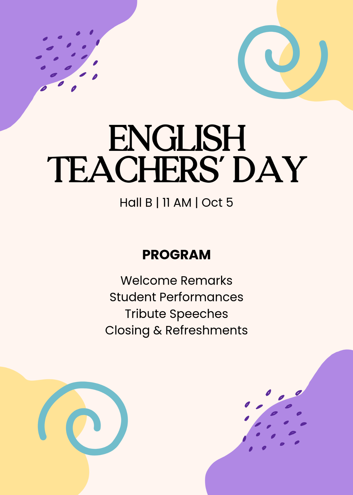 Free Simple Teachers Day Program Invitation Template to Edit Online